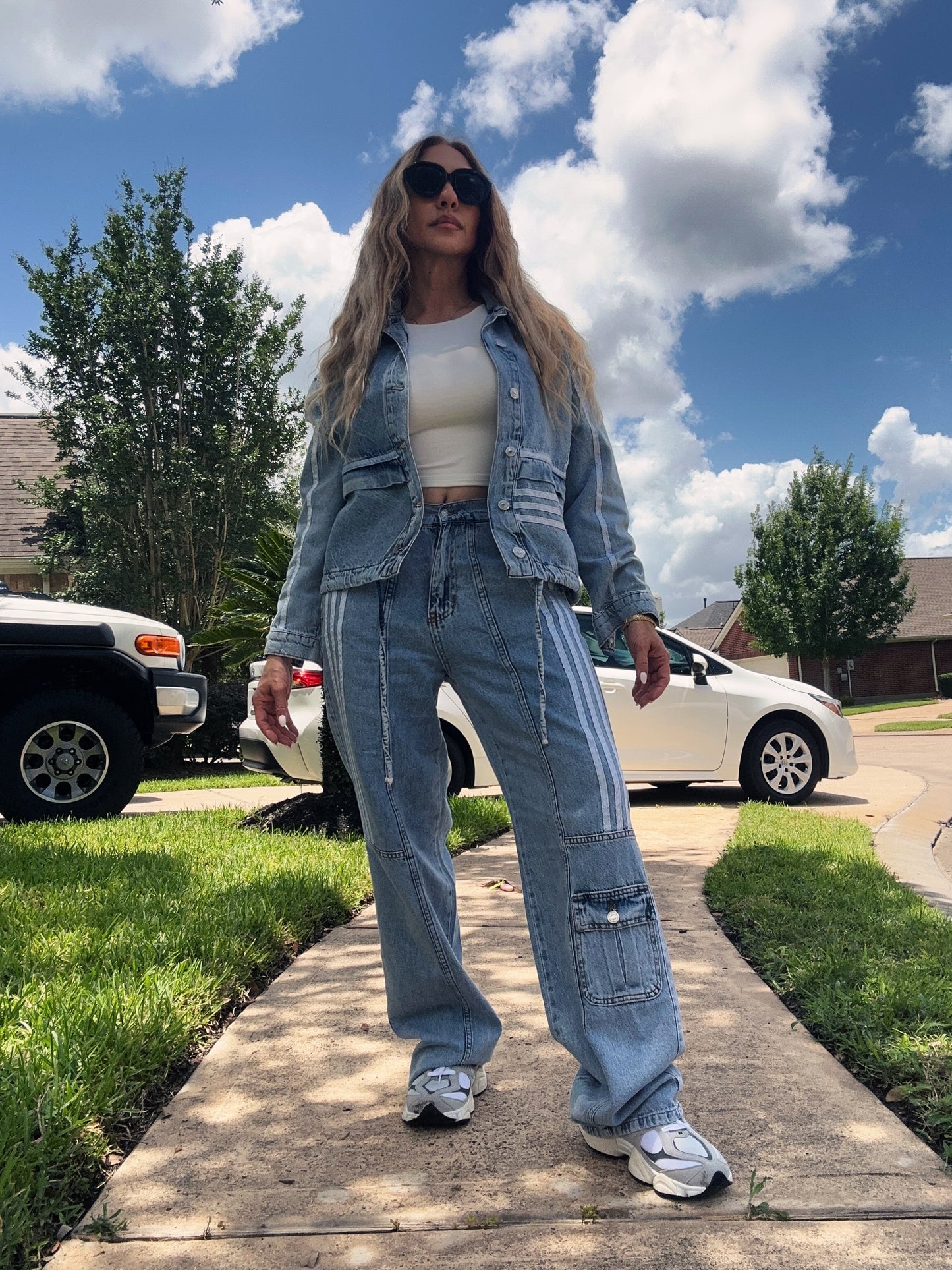 Adi Two Piece Denim Set With Stripes Pants + Jacket