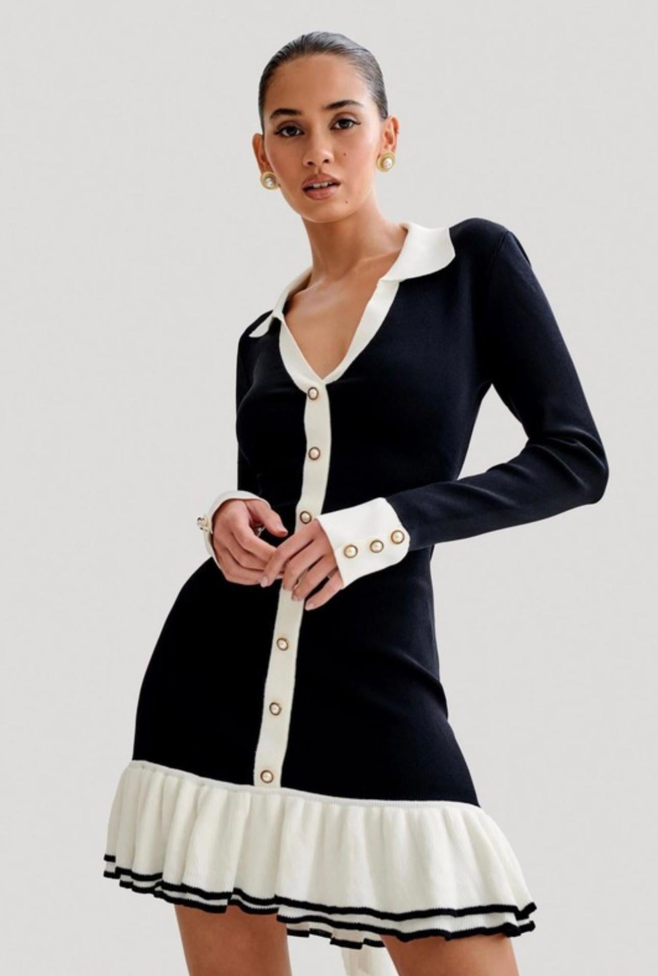 Evelyn Black Sweater Dress Long Sleeves V-Neck Ribbed Cuffs
