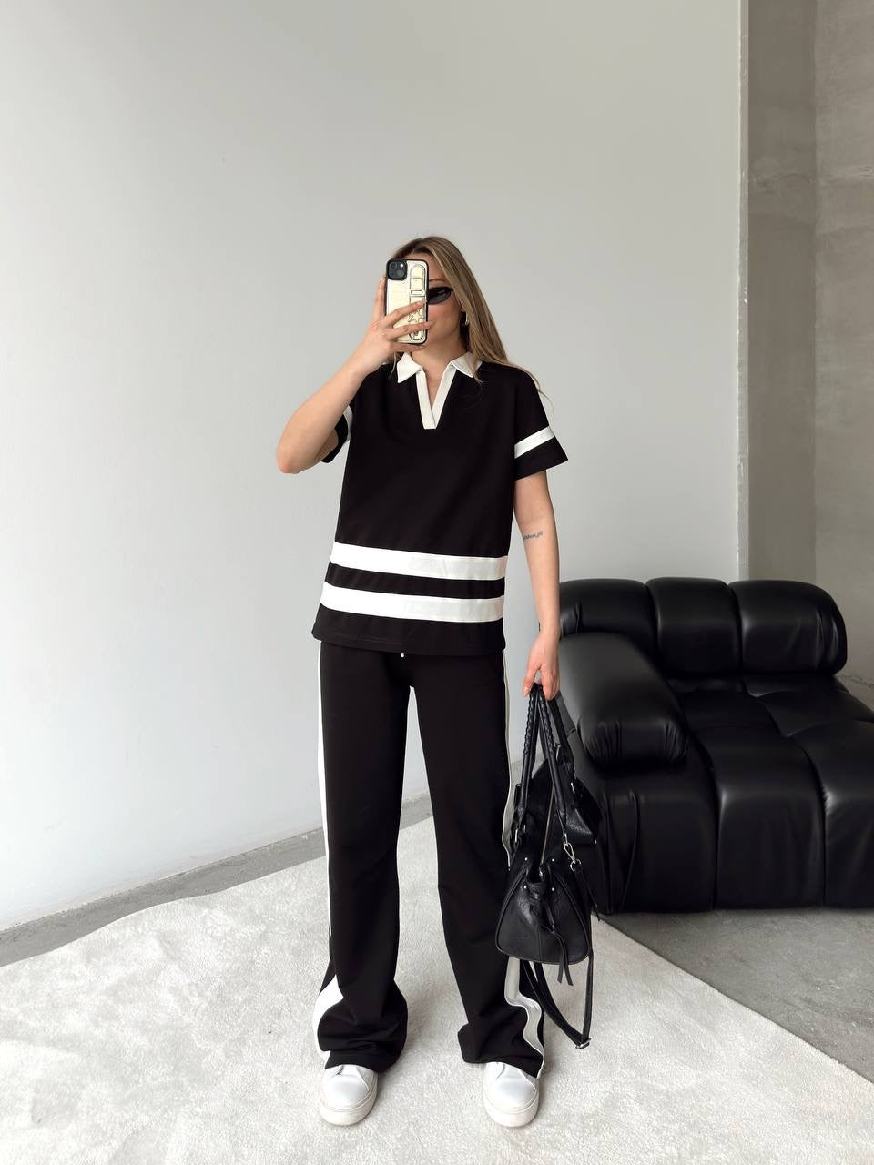 Rania Two Piece Set Black with Stripes Cotton Pants + Top