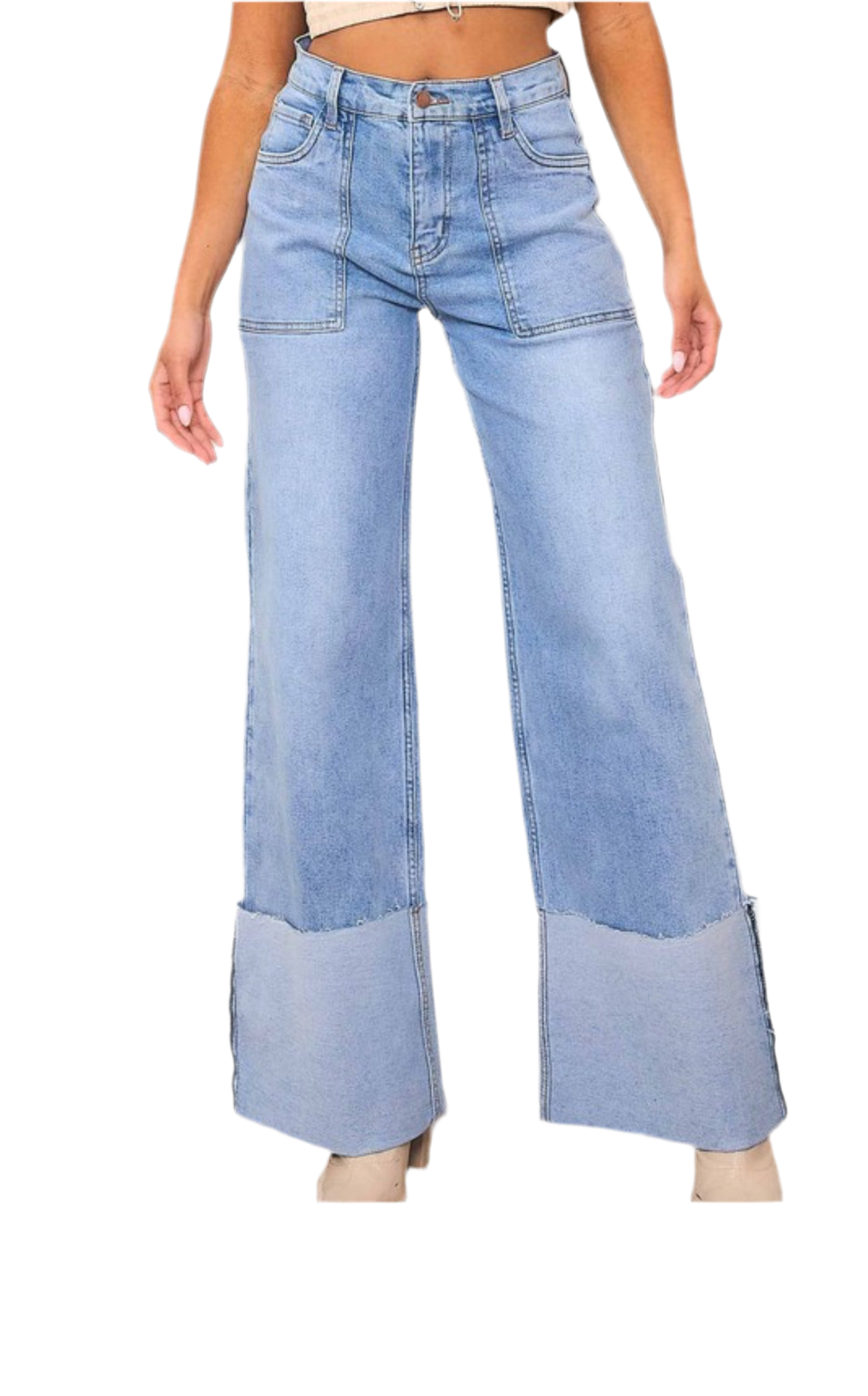 Joanne Wide Leg Folded Pants Denim Straight Leg with Stretch