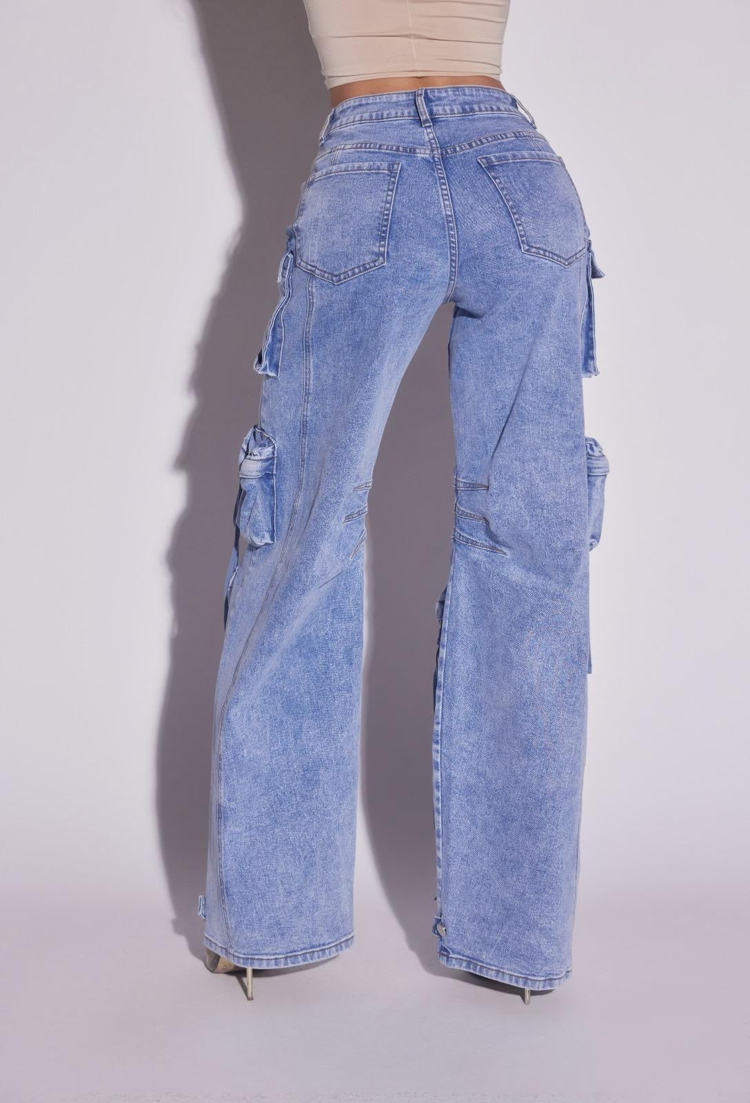 Kim Cargo Denim Jeans Pants with Pockets Stretch
