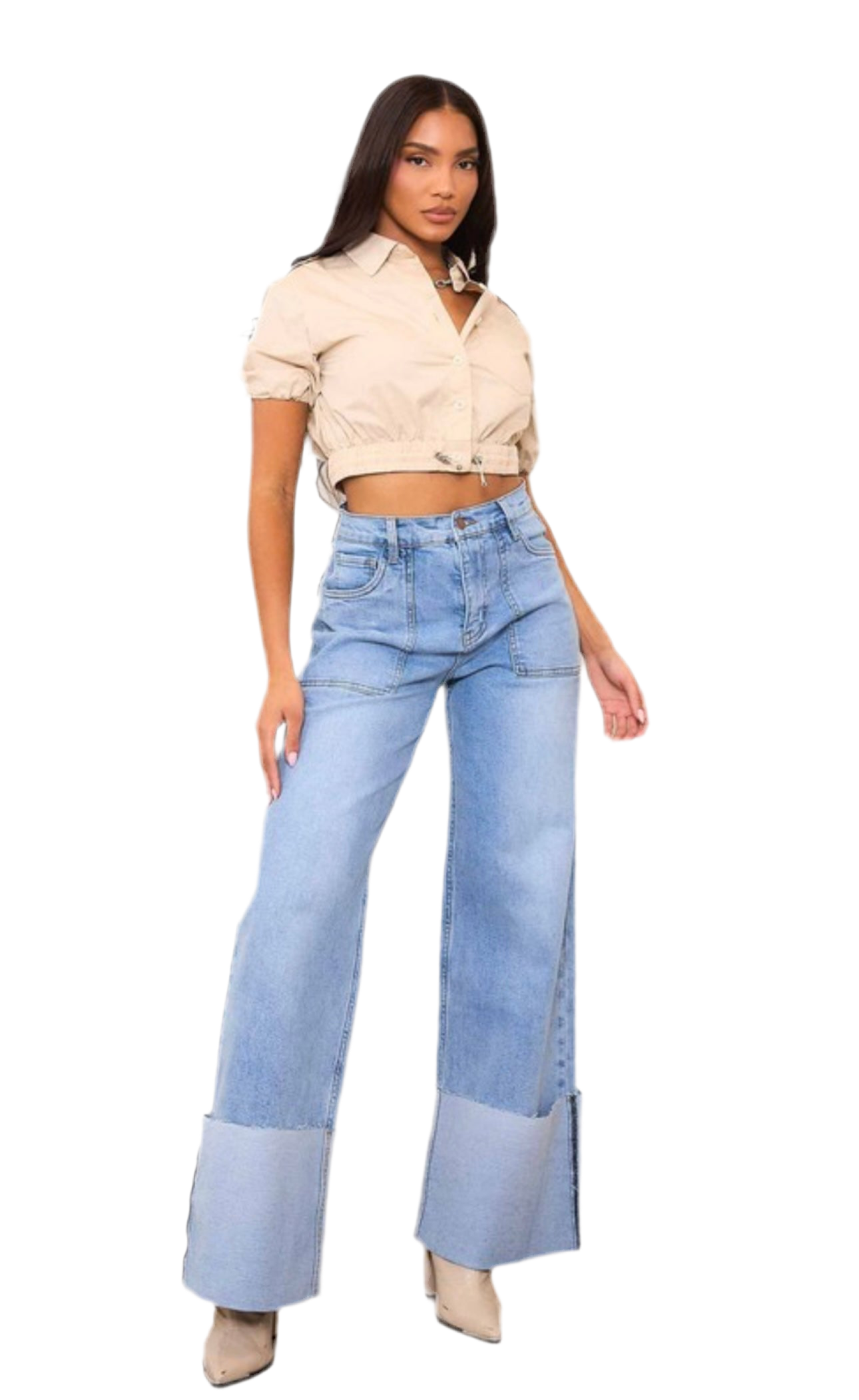 Joanne Wide Leg Folded Pants Denim Straight Leg with Stretch