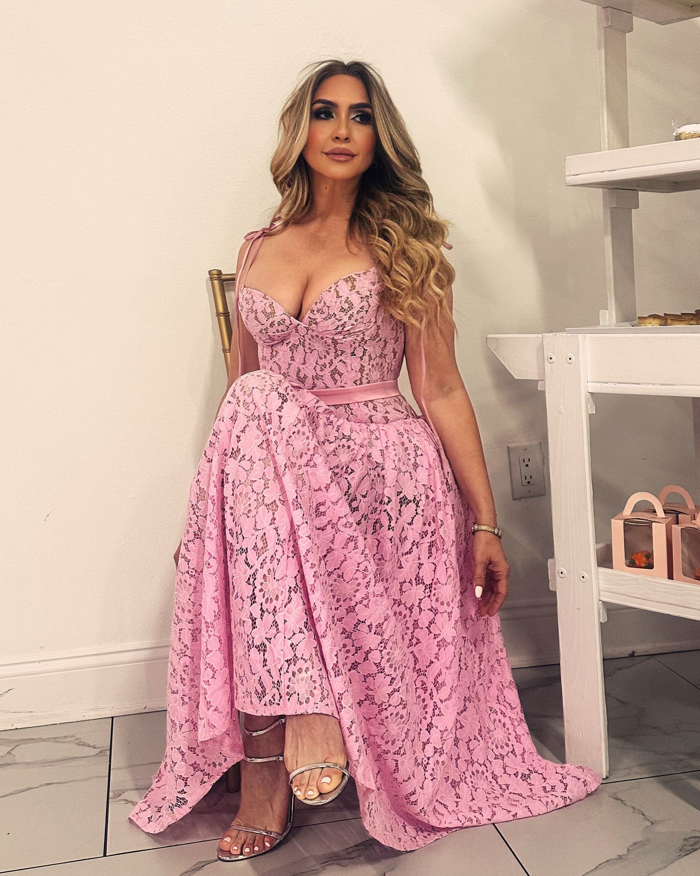 Isabel Corset Long Dress Pink Lace