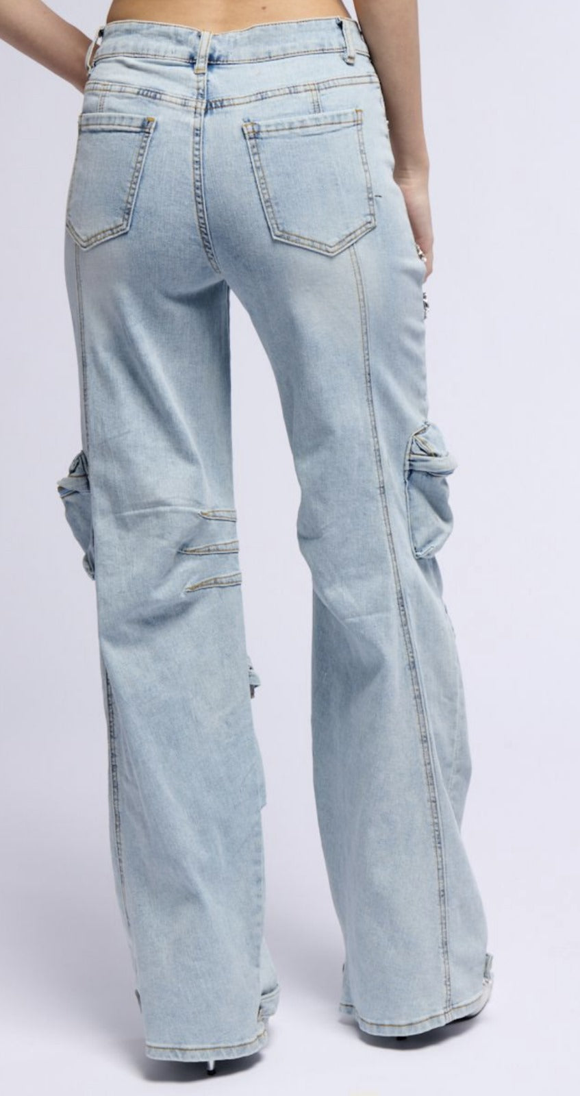 Alondra Rhinestones Cargo Pants Spandex Embellished Pocket Details
