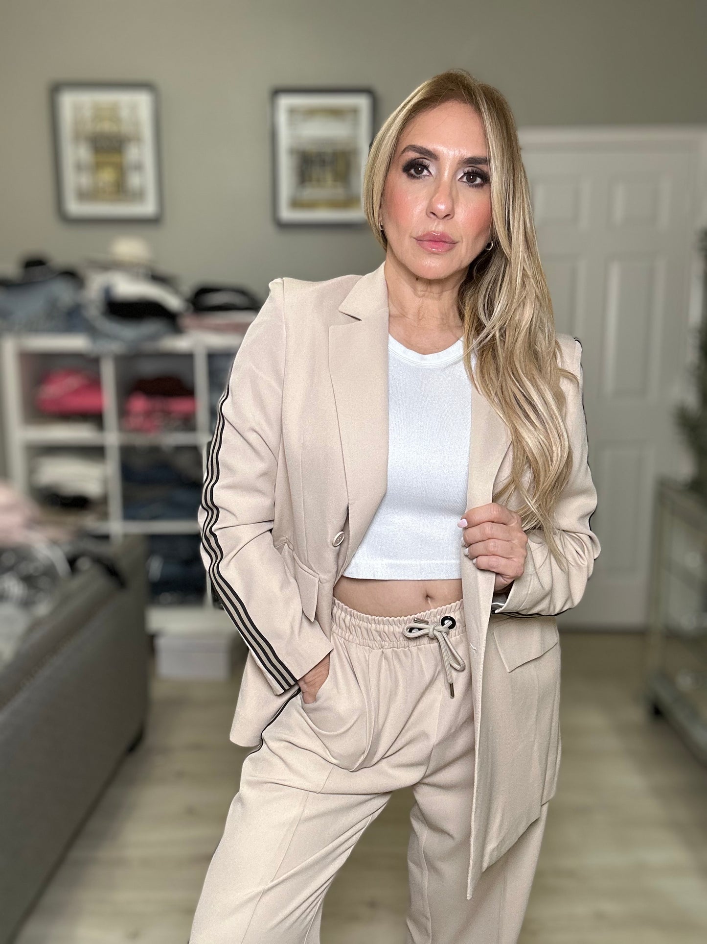 Camila Two Piece Set Jacket and Jogger Pants Beige with Stripes