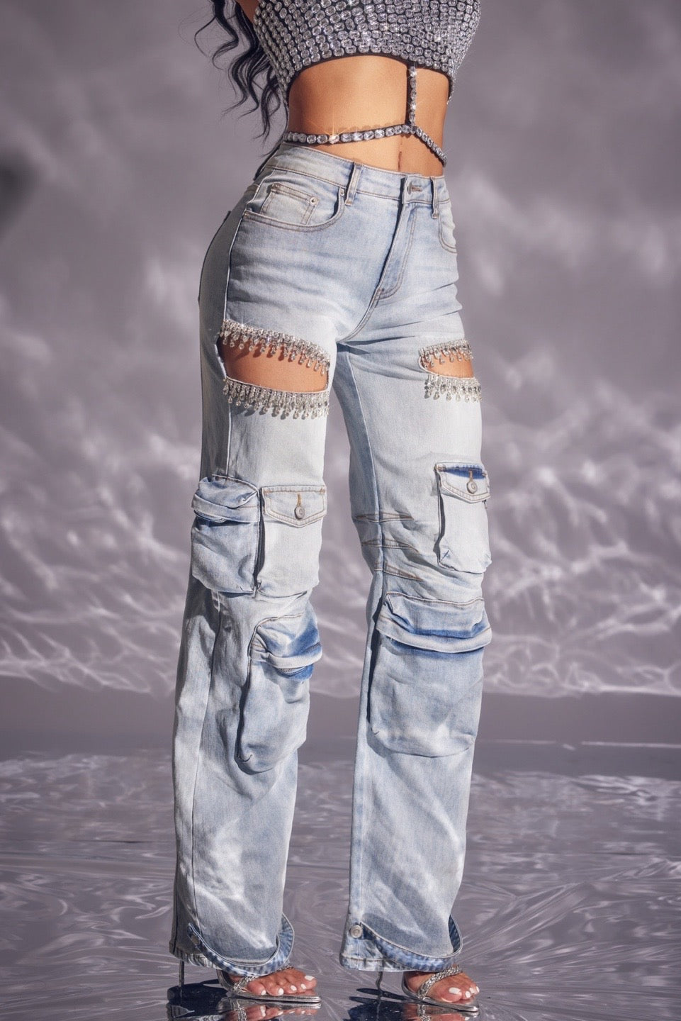 Alondra Rhinestones Cargo Pants Spandex Embellished Pocket Details