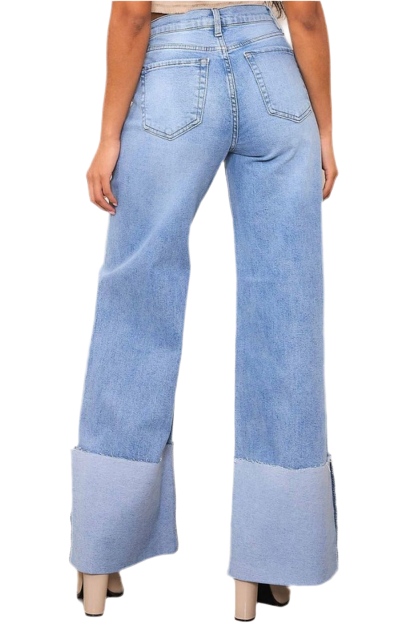 Joanne Wide Leg Folded Pants Denim Straight Leg with Stretch