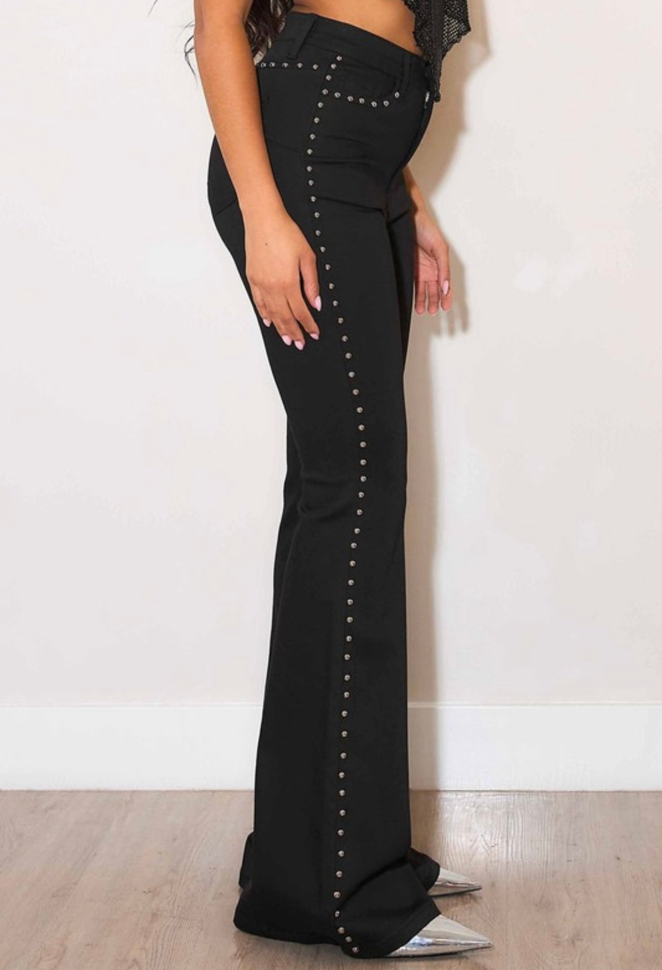 Iris Stud Flared Black Pants Full Stretch