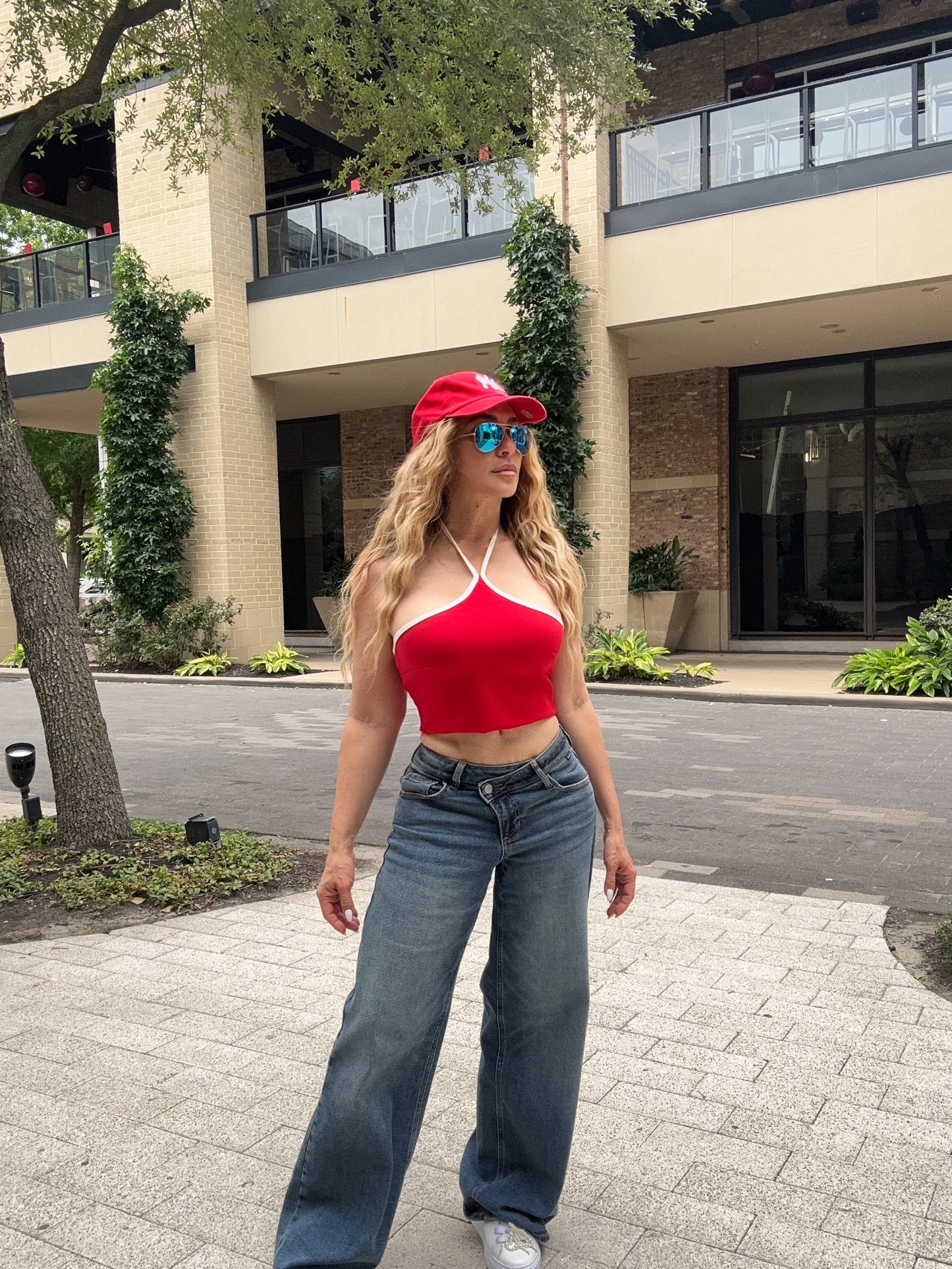 Monique Criss-Crossed Waist Medium Wash Denim Jeans (Full Stretch)