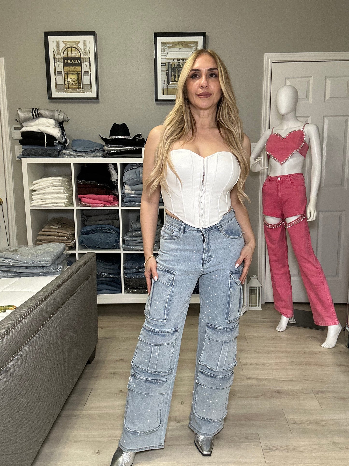 Crystal Cargo Pants with Rhinestones Embellished Statement Pants