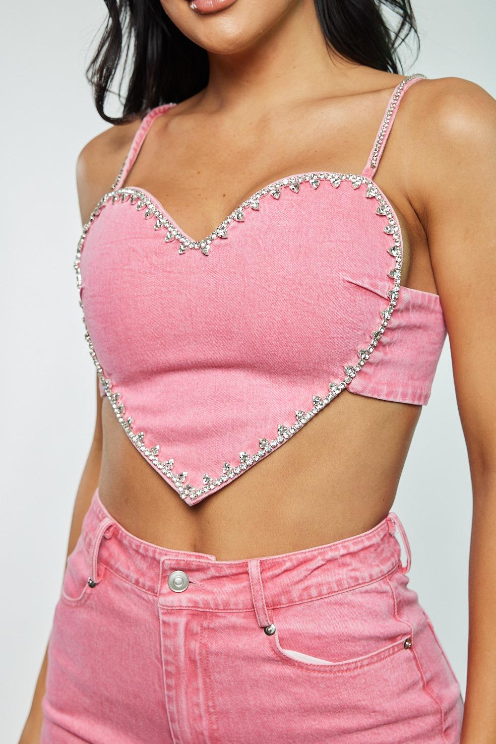 Be my Valentine Pink Set Jean Pants and Heart Top Denim Rhinestones Embellished Cute