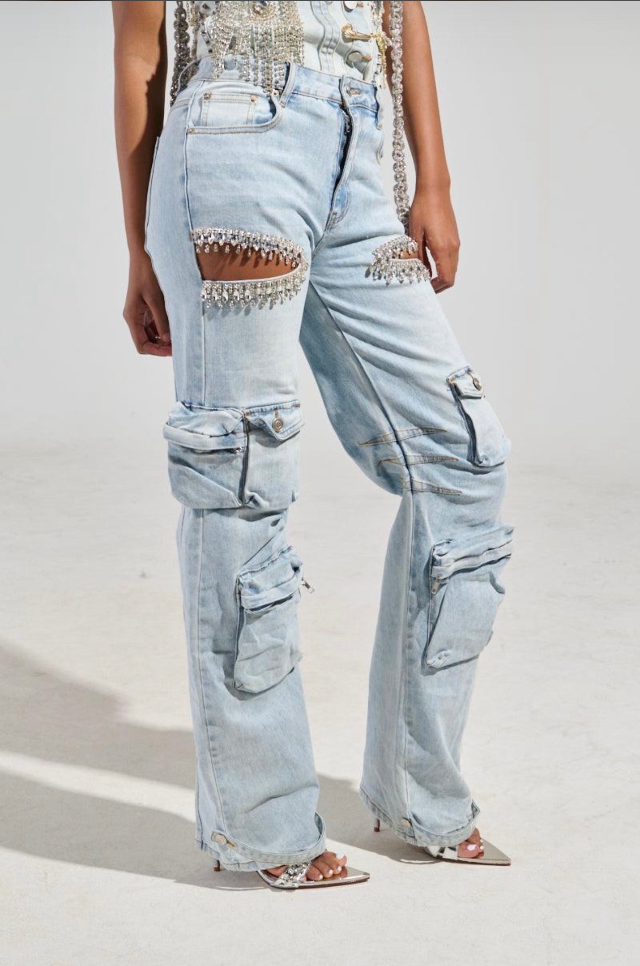 Alondra Rhinestones Cargo Pants Spandex Embellished Pocket Details