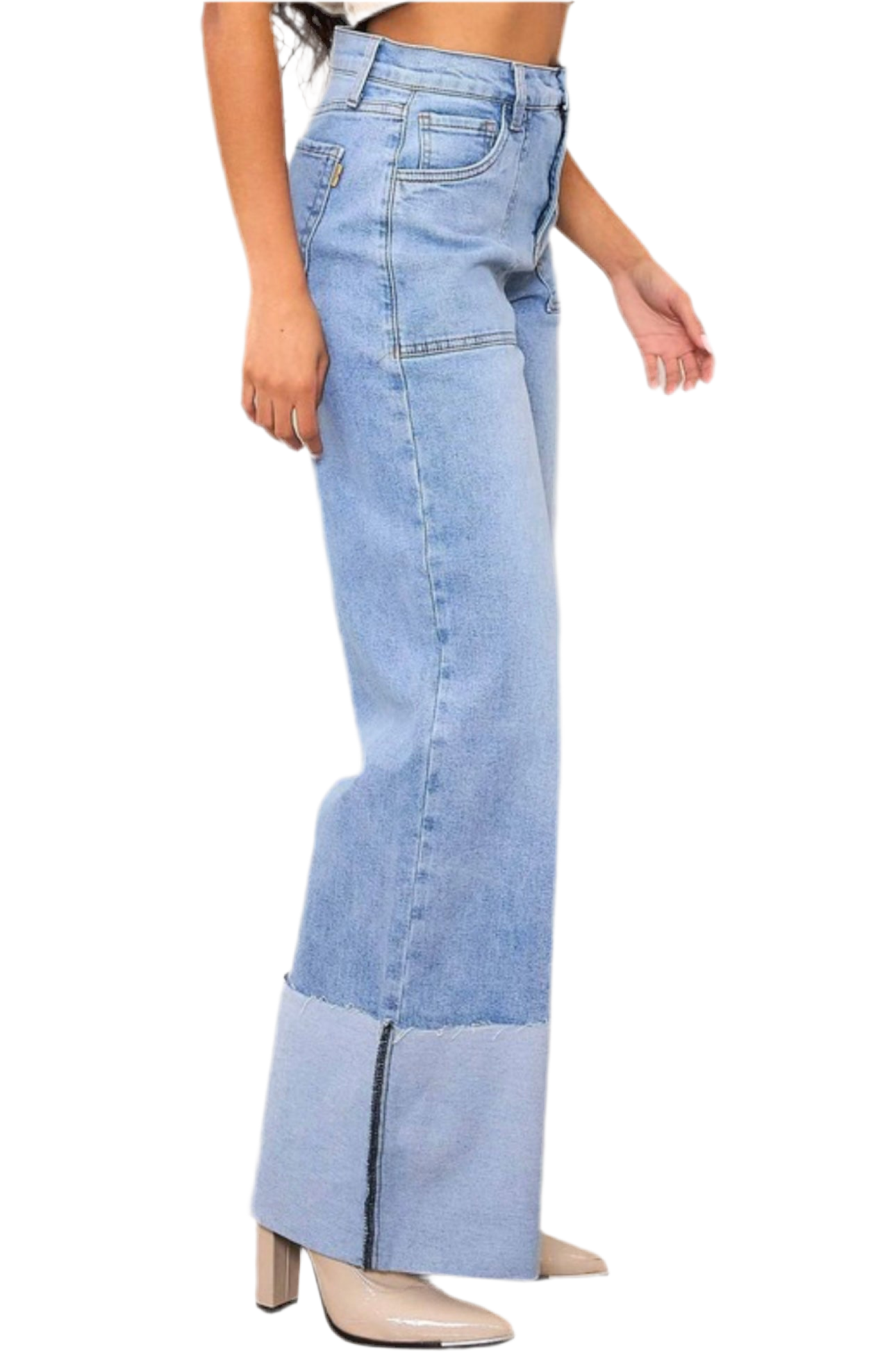 Joanne Wide Leg Folded Pants Denim Straight Leg with Stretch