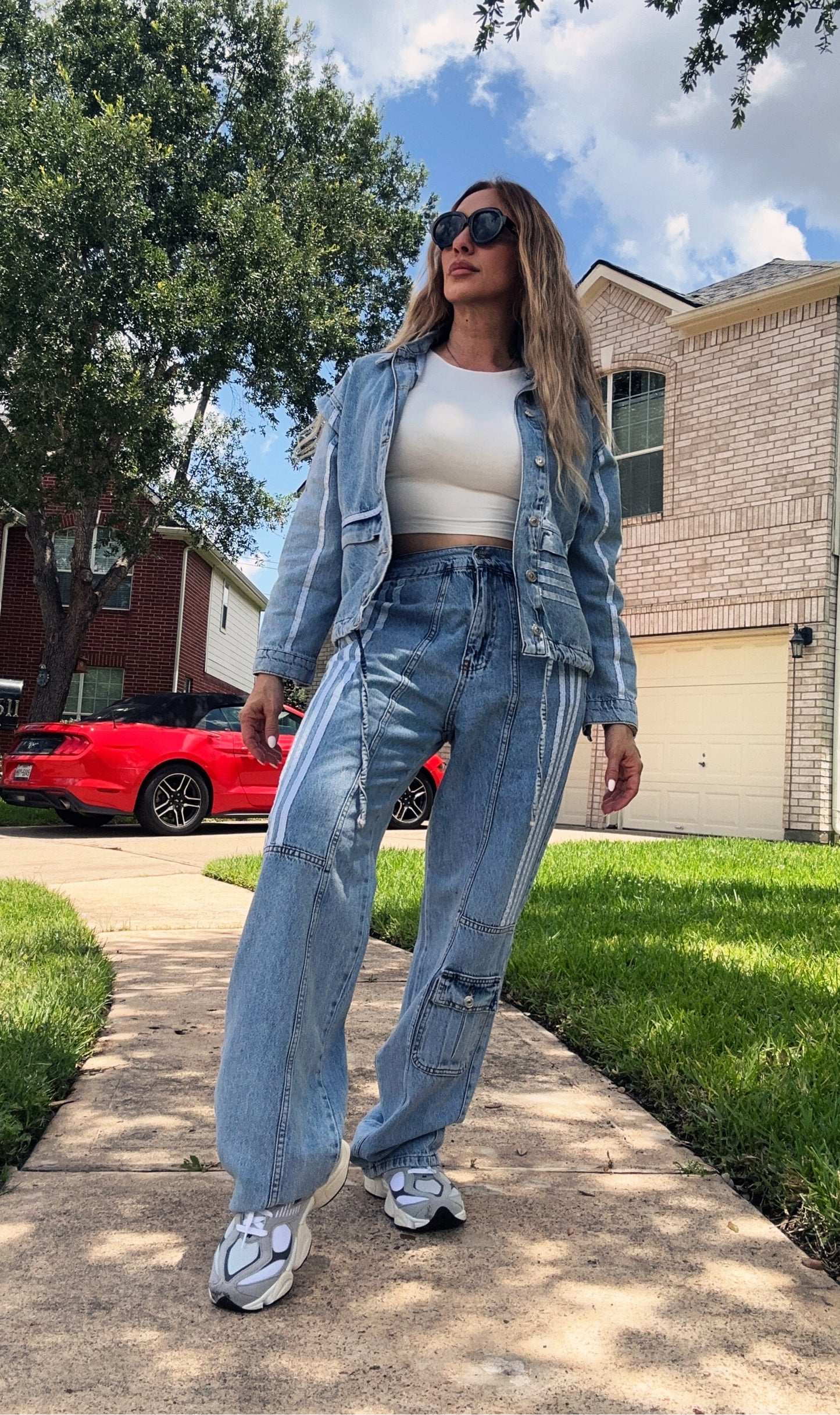 Adi Two Piece Denim Set With Stripes Pants + Jacket