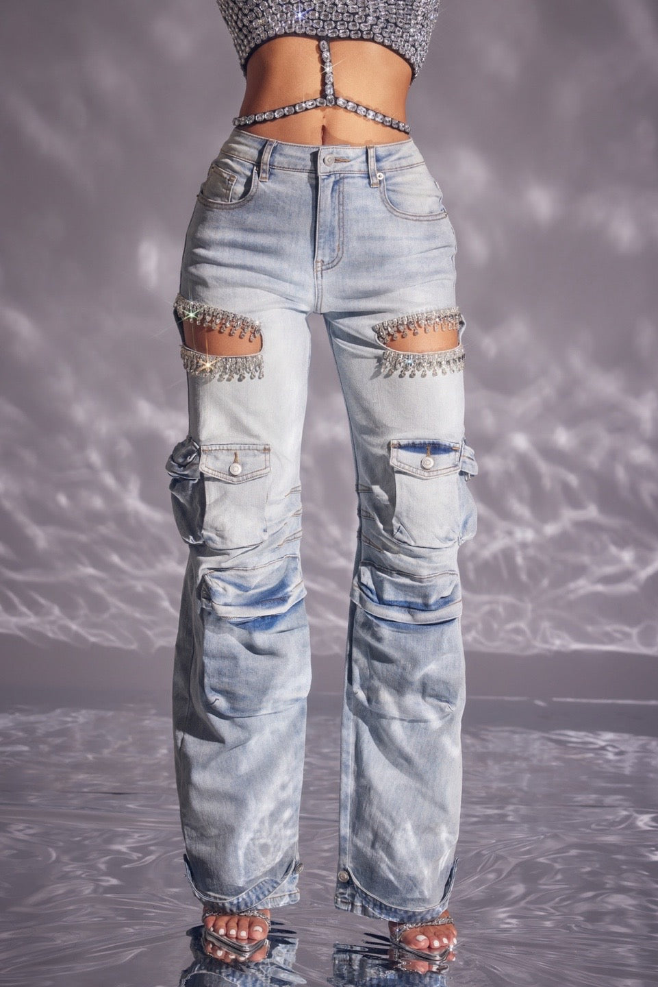 Alondra Rhinestones Cargo Pants Spandex Embellished Pocket Details