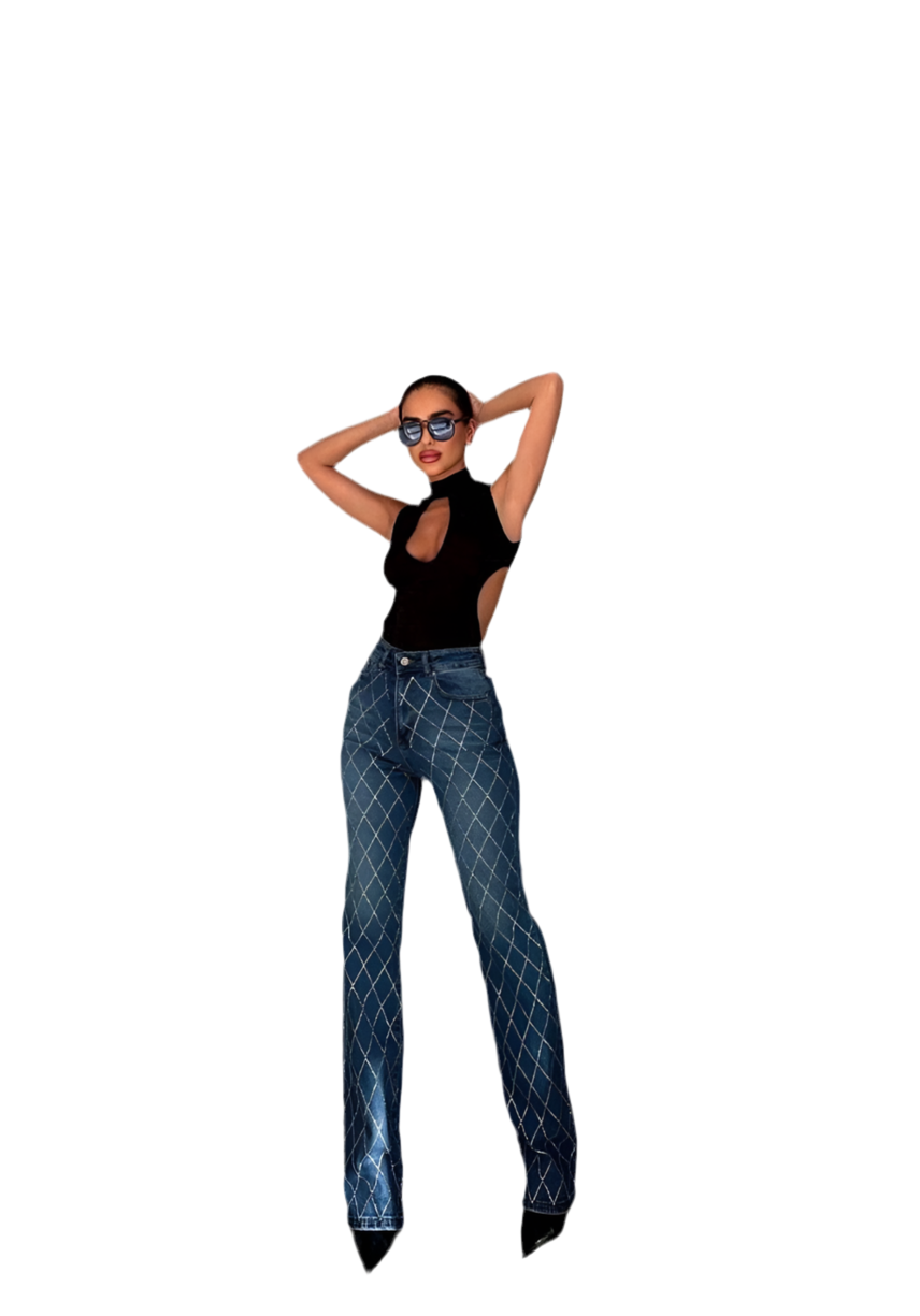 Taylor Straight Leg Jeans Pants Denim with Rhinestones Details Embellished Full Stretch