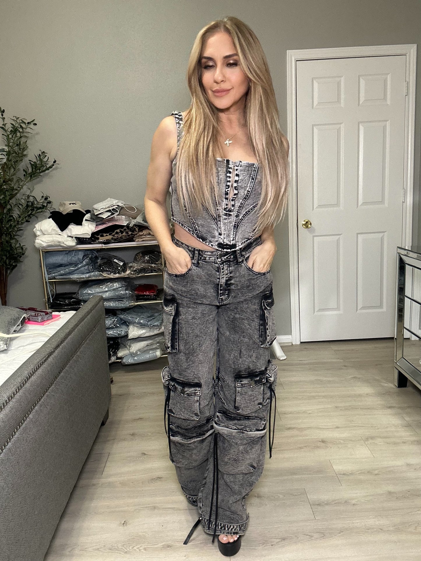 Khloe Cargo Pants Denim with Pockets Black Acid Washed High Stretch High Rise
