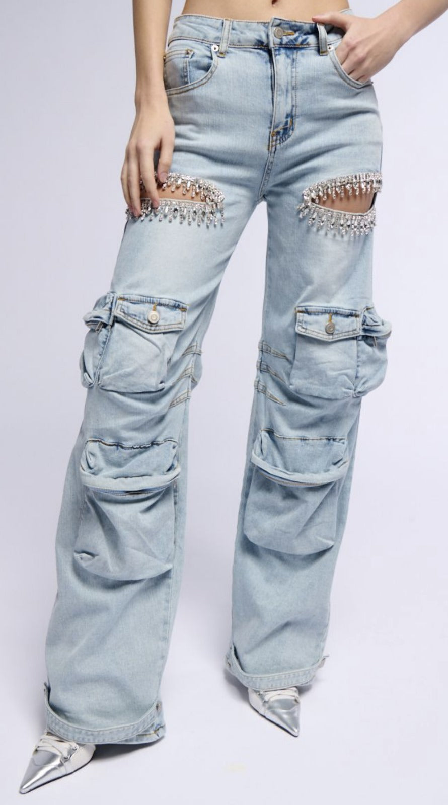 Alondra Rhinestones Cargo Pants Spandex Embellished Pocket Details
