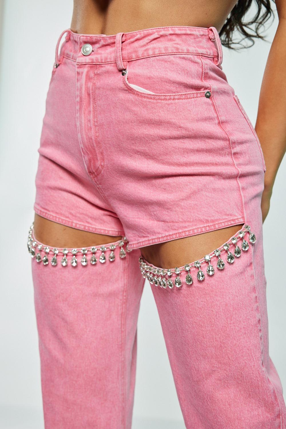 Be my Valentine Pink Set Jean Pants and Heart Top Denim Rhinestones Embellished Cute
