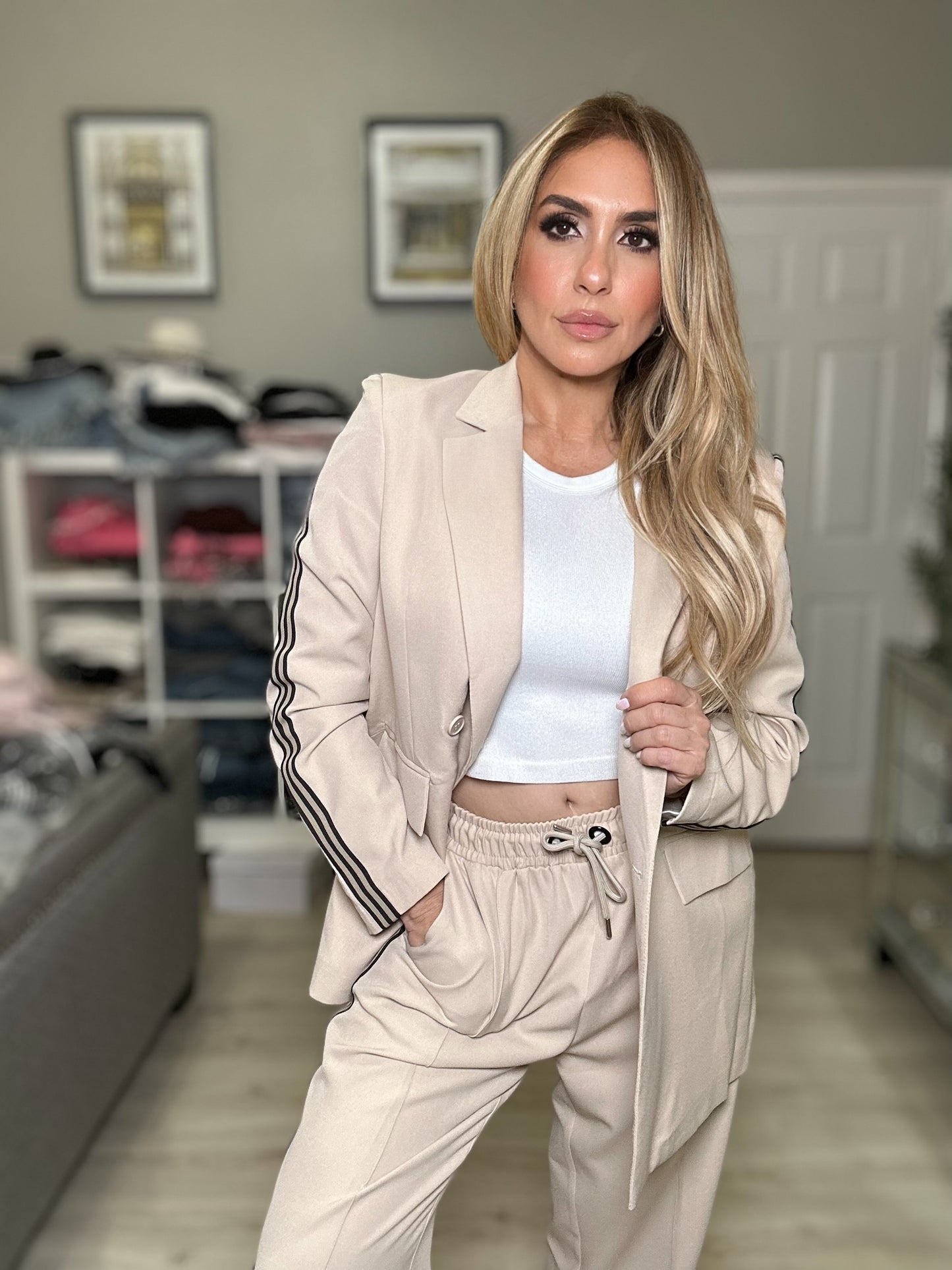 Camila Two Piece Set Jacket and Jogger Pants Beige with Stripes