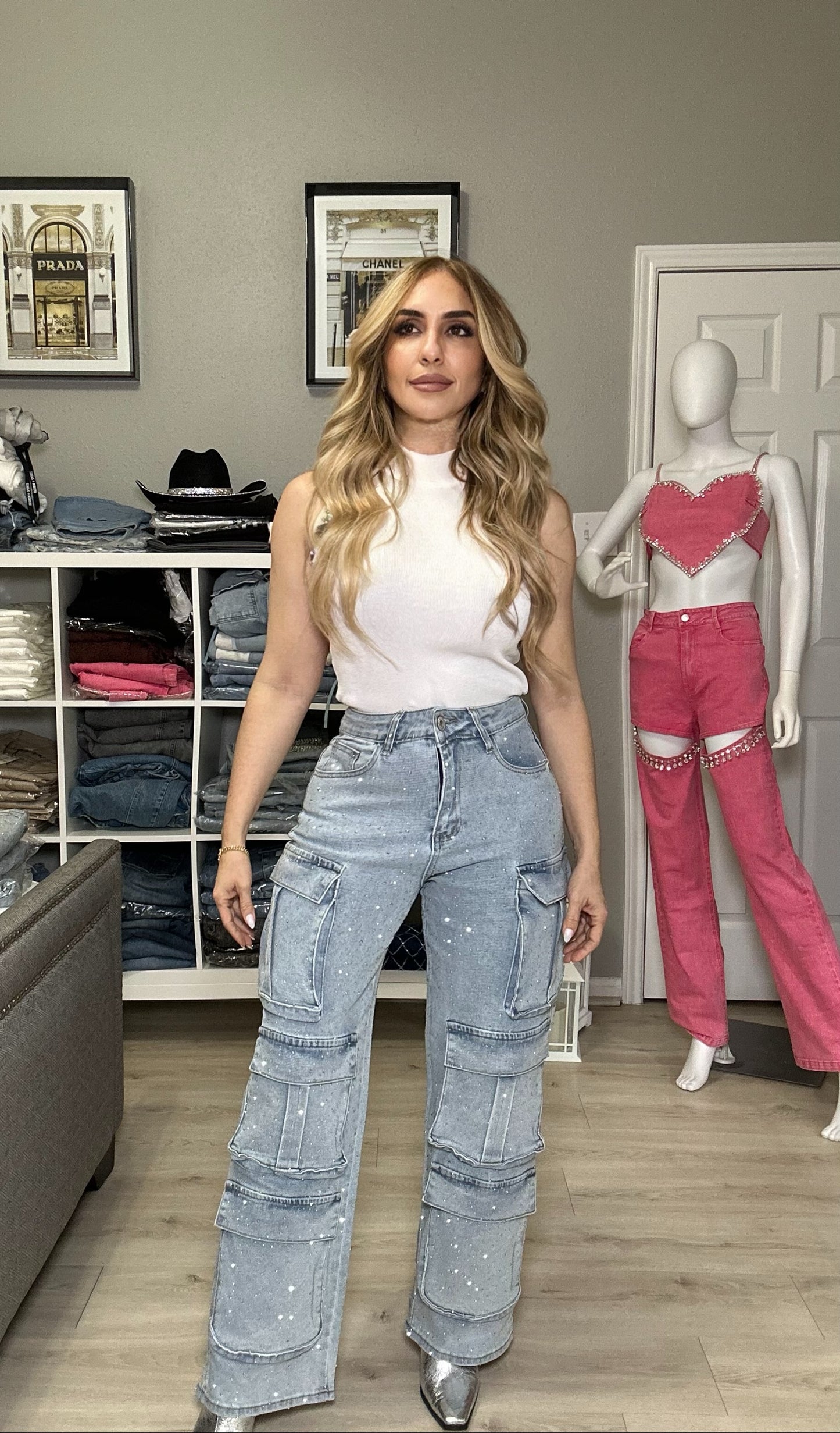 Crystal Cargo Pants with Rhinestones Embellished Statement Pants