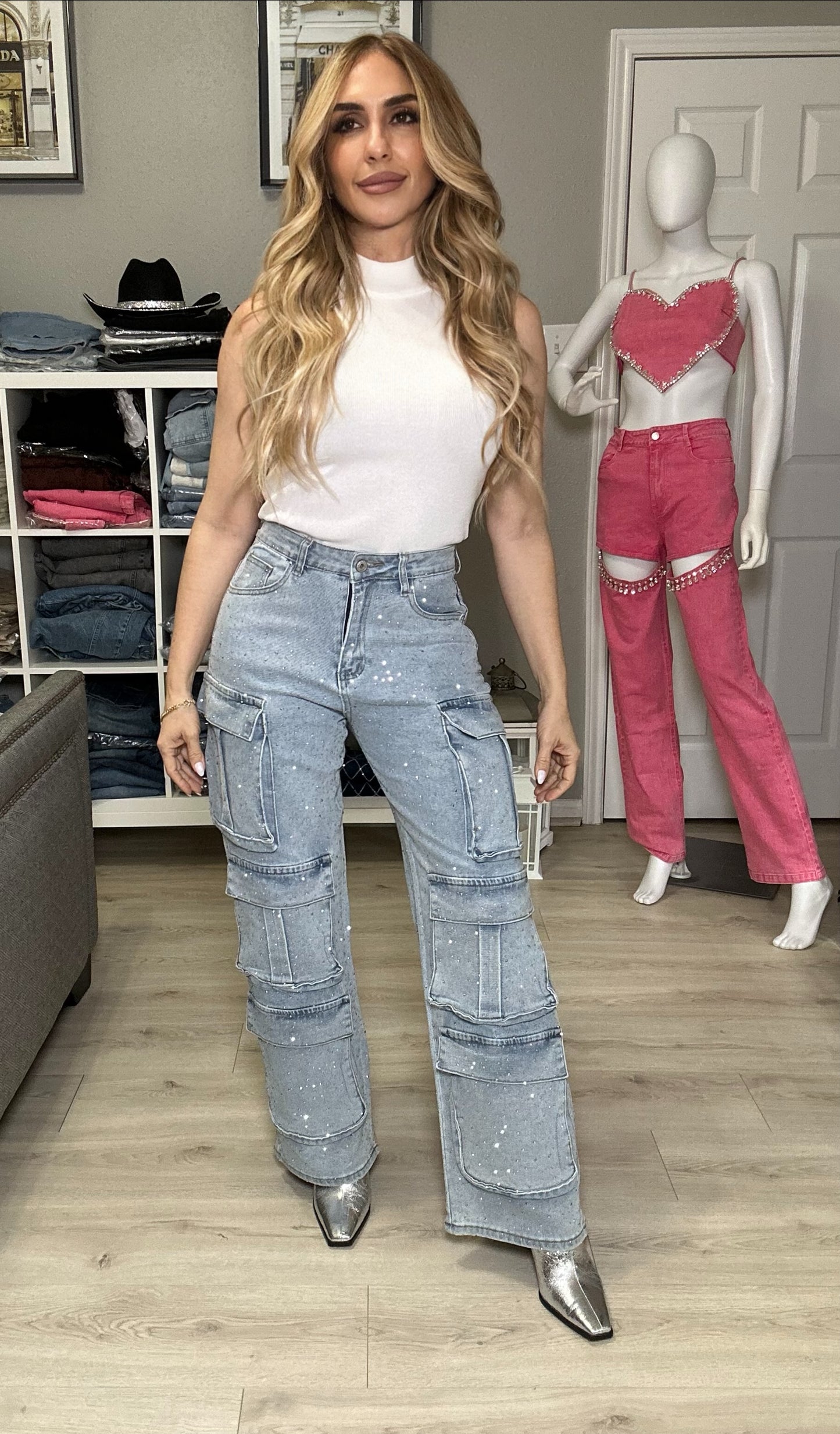 Crystal Cargo Pants with Rhinestones Embellished Statement Pants