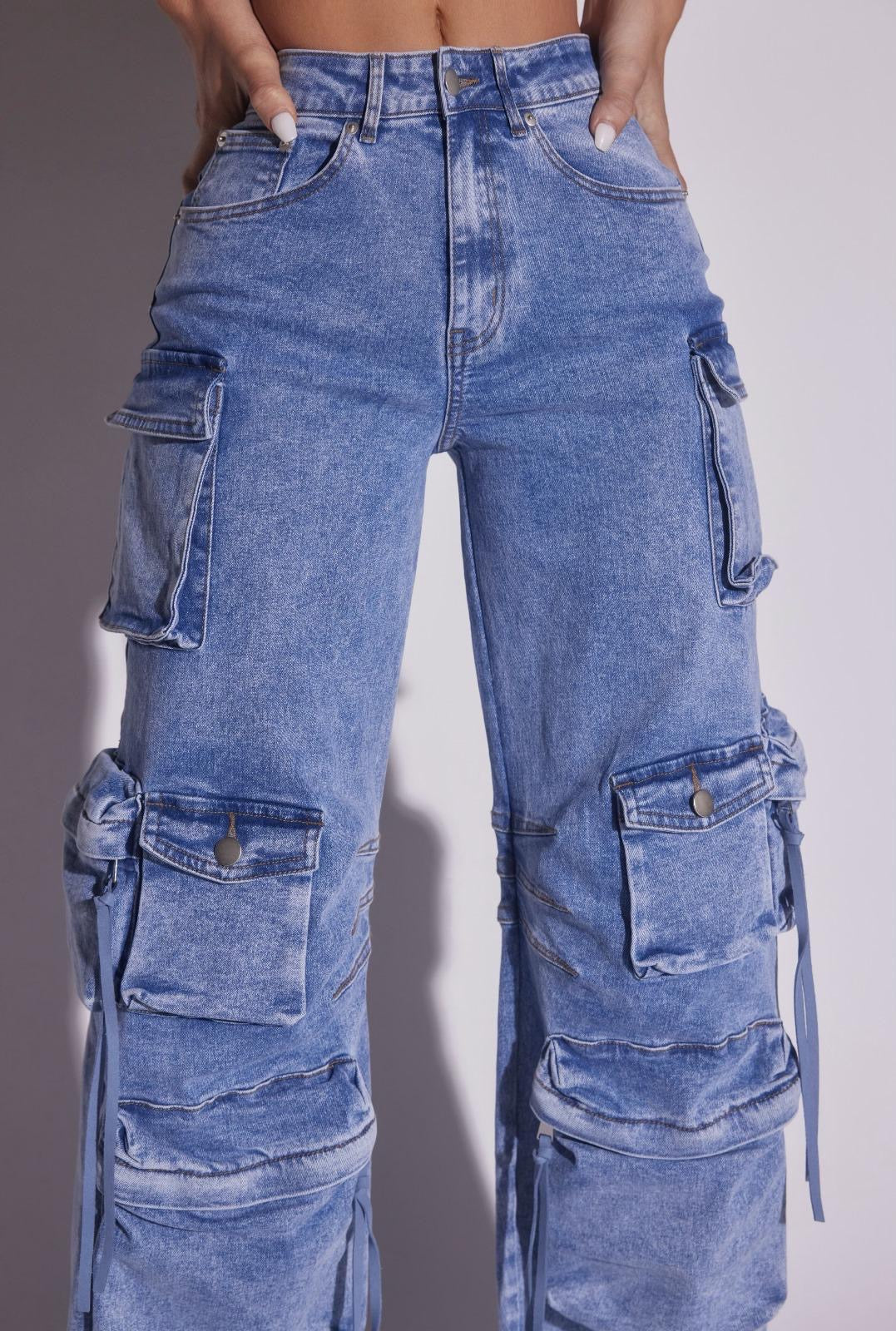 Kim Cargo Denim Jeans Pants with Pockets Stretch