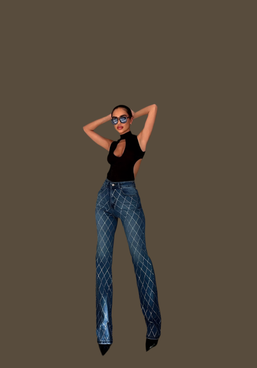 Taylor Straight Leg Jeans Pants Denim with Rhinestones Details Embellished Full Stretch