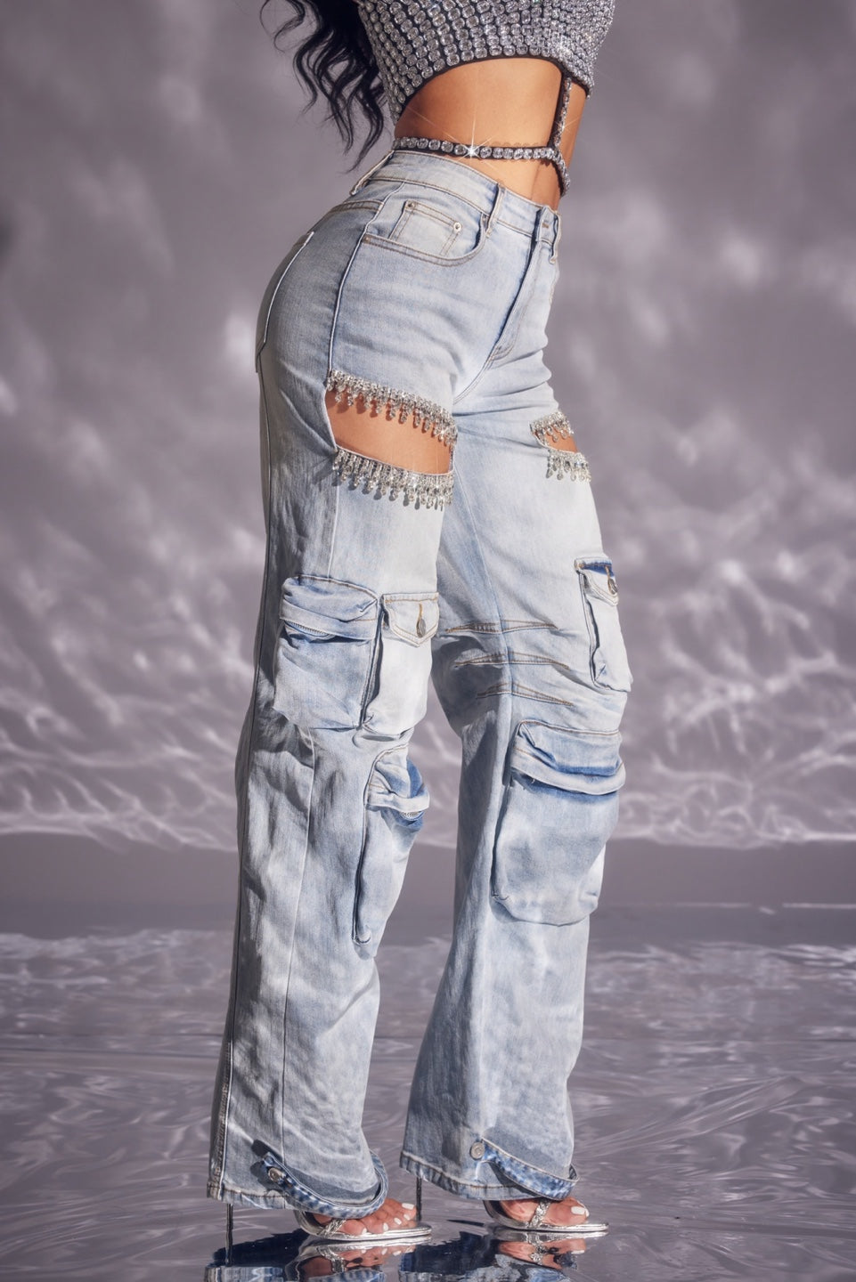 Alondra Rhinestones Cargo Pants Spandex Embellished Pocket Details