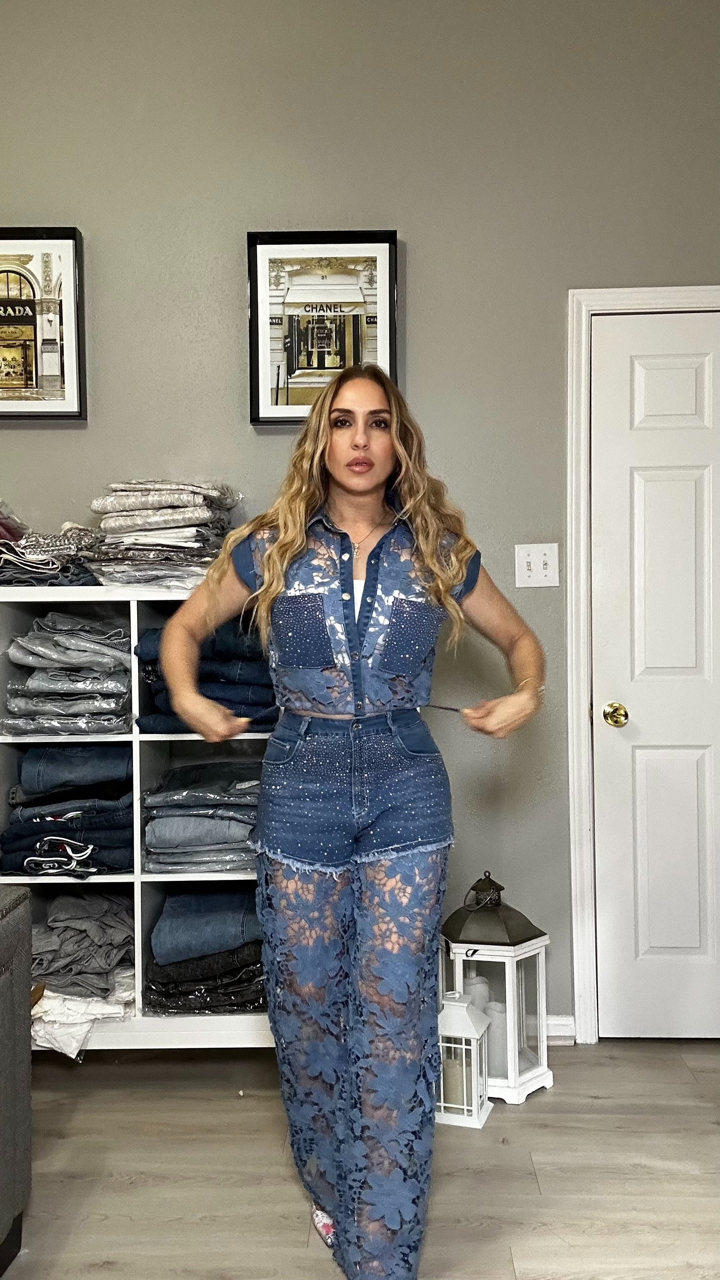 Lili Two Piece Denim Set Pants + Top Rhinestones and Crochet Details