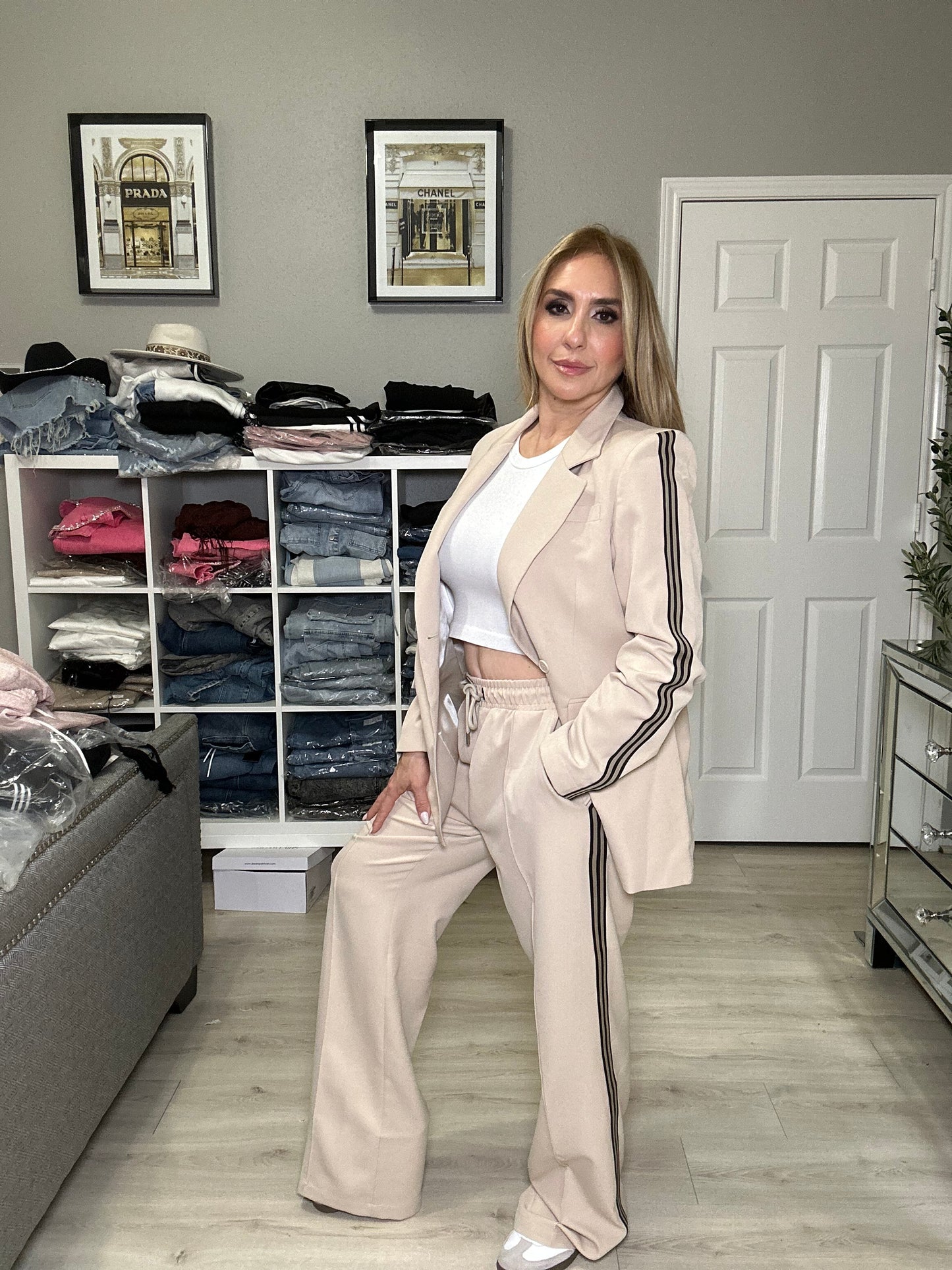 Camila Two Piece Set Jacket and Jogger Pants Beige with Stripes