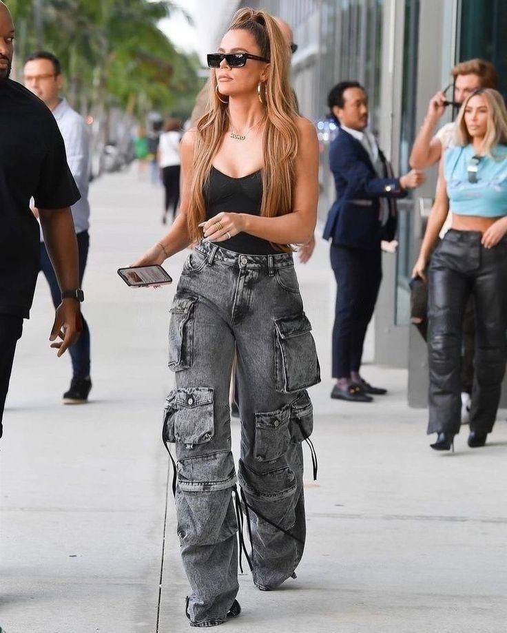 Khloe Cargo Pants Denim with Pockets Black Acid Washed High Stretch High Rise