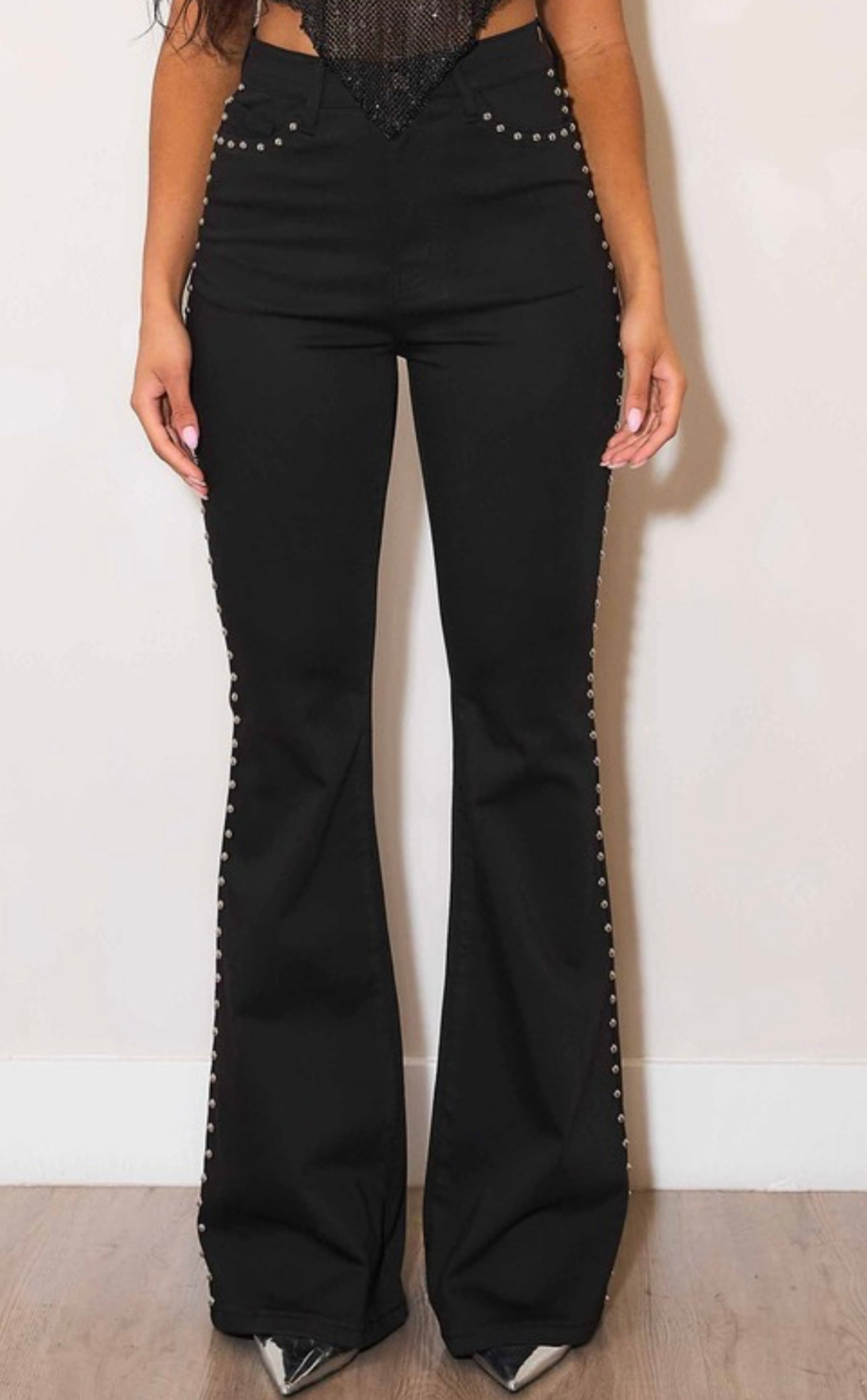 Iris Stud Flared Black Pants Full Stretch