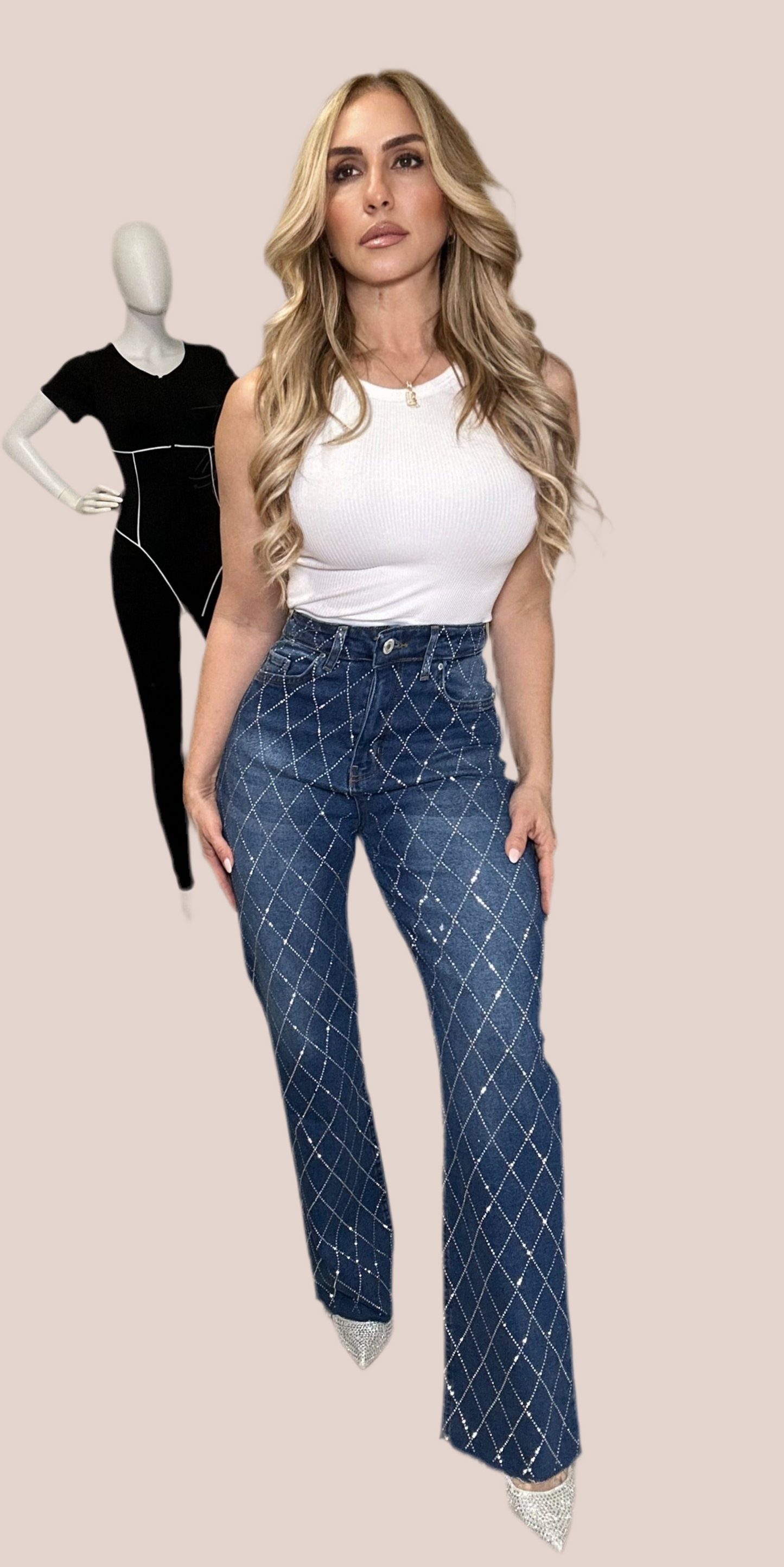 Taylor Straight Leg Jeans Pants Denim with Rhinestones Details Embellished Full Stretch