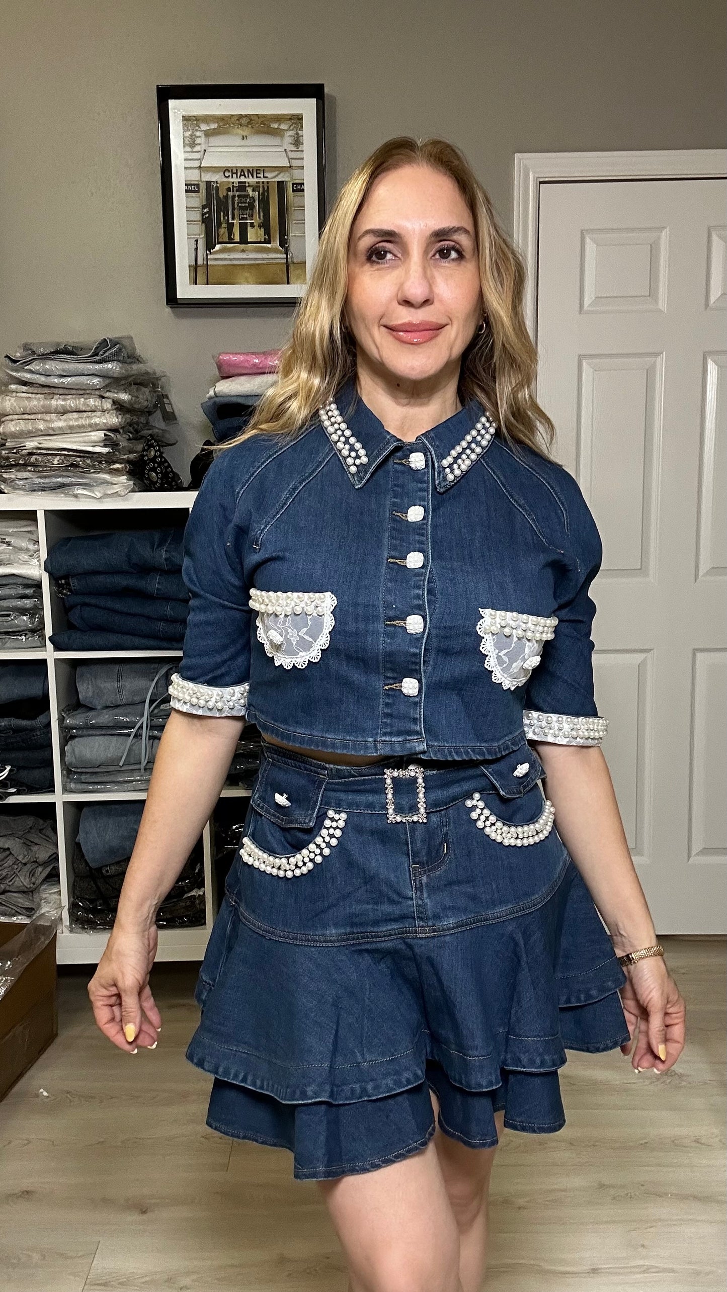 Veronica Two Piece Set Denim Pearls Details Skirt + Top