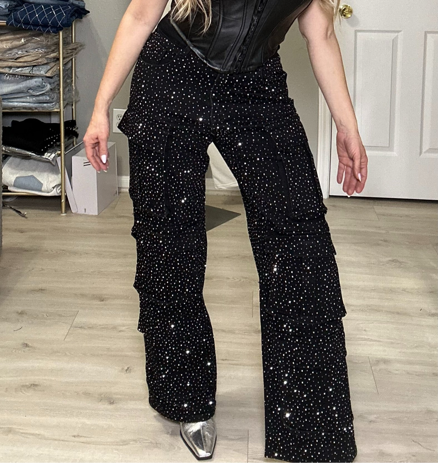 Crystal Cargo Pants with Rhinestones Statement Pants