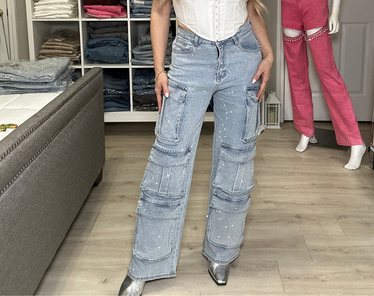 Crystal Cargo Pants with Rhinestones Embellished Statement Pants