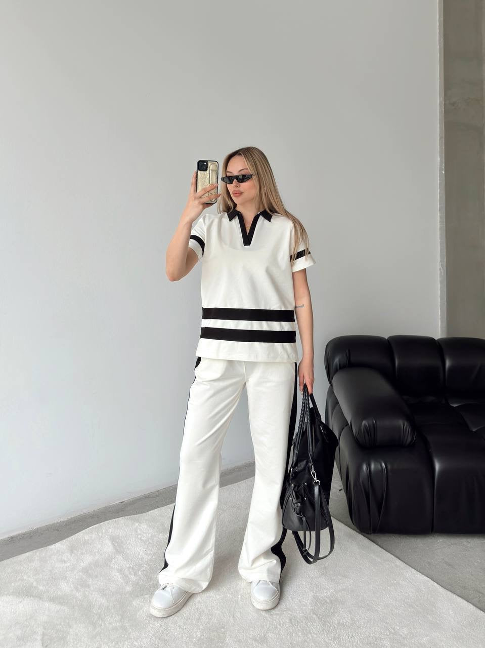 Rania Two Piece Set White with Stripes Cotton Pants + Top
