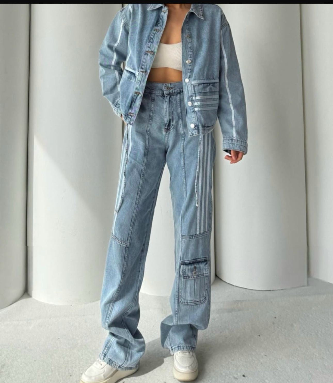 Adi Two Piece Denim Set With Stripes Pants + Jacket