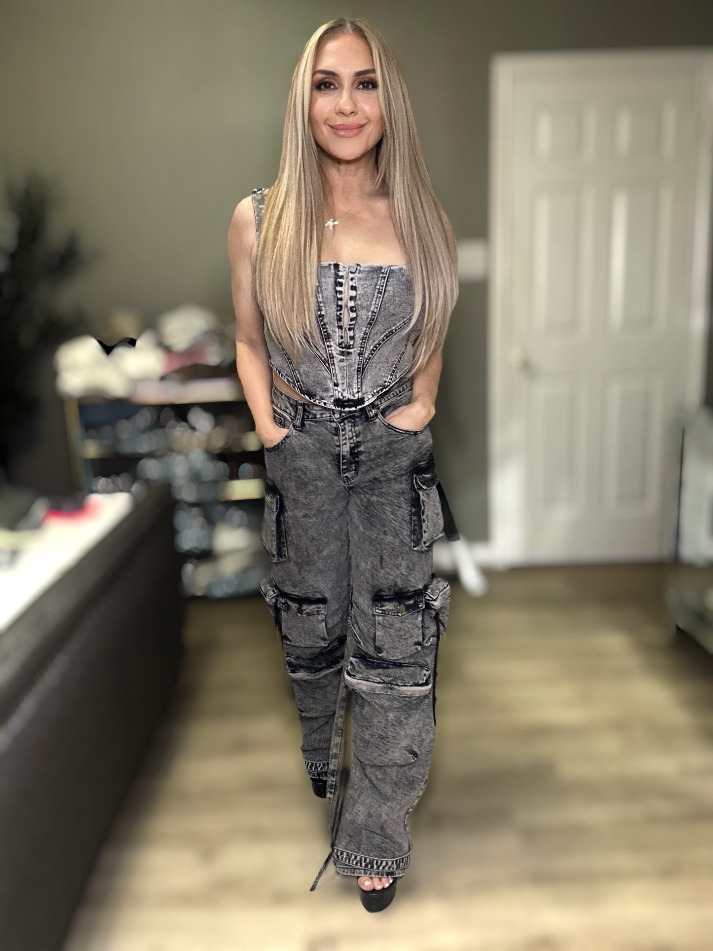 Khloe Cargo Pants Denim with Pockets Black Acid Washed High Stretch High Rise