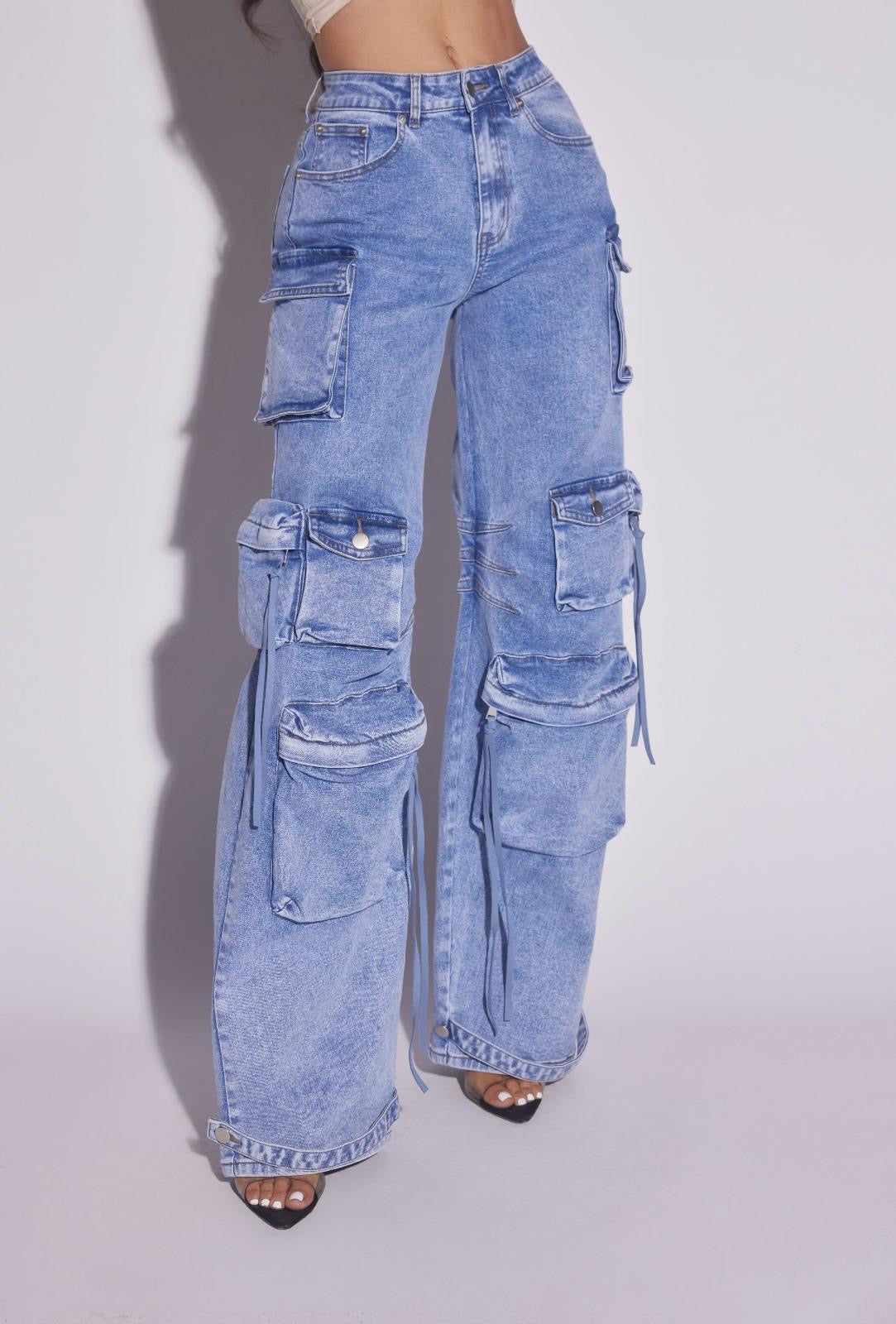 Kim Cargo Denim Jeans Pants with Pockets Stretch