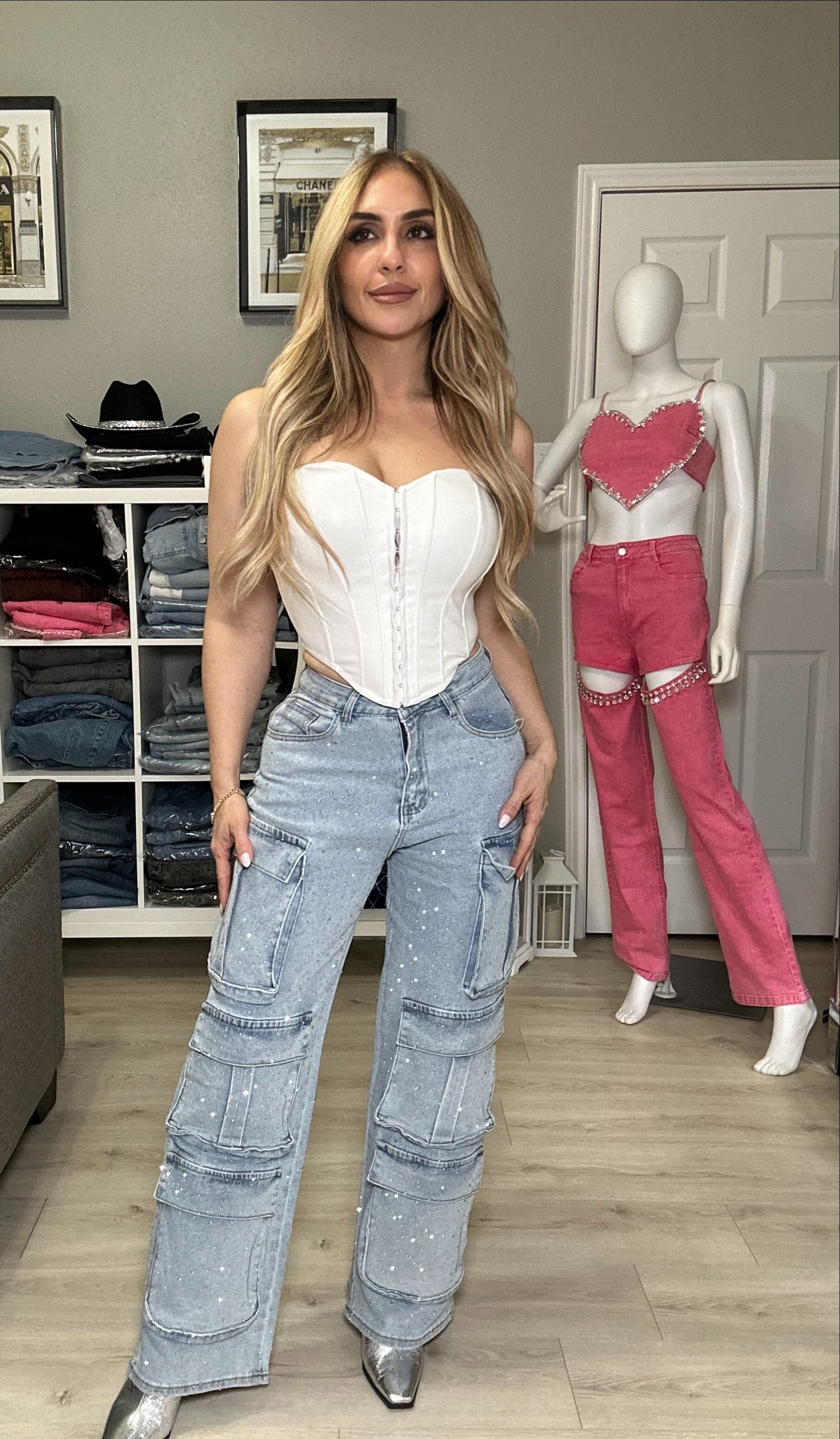 Crystal Cargo Pants with Rhinestones Embellished Statement Pants