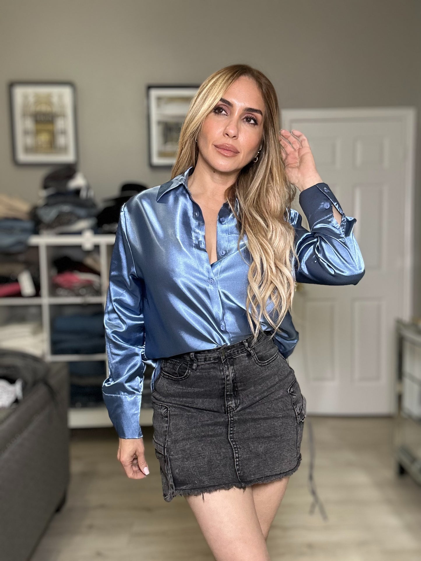Kara Blue Satin Shirt Elegant