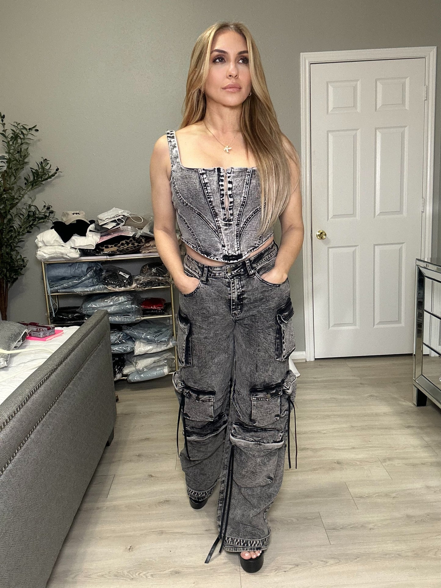 Khloe Cargo Pants Denim with Pockets Black Acid Washed High Stretch High Rise