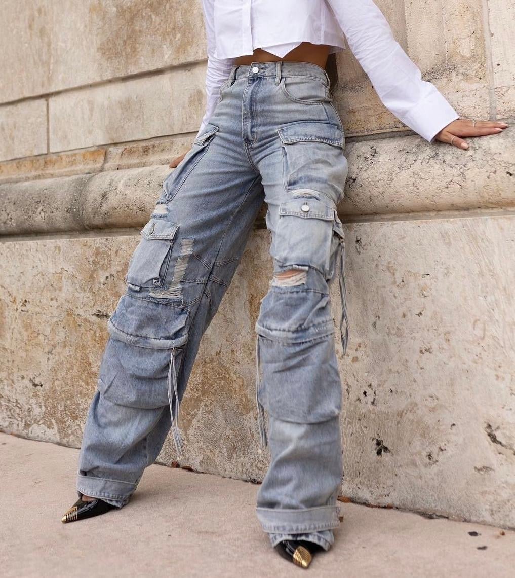 Kourtney Cargo Denim Jeans in Light Wash Pocket Details High Rise High Stretch
