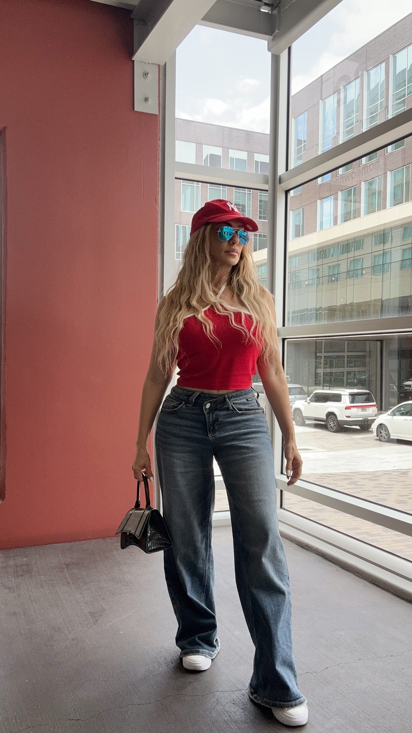 Monique Criss-Crossed Waist Medium Wash Denim Jeans (Full Stretch)