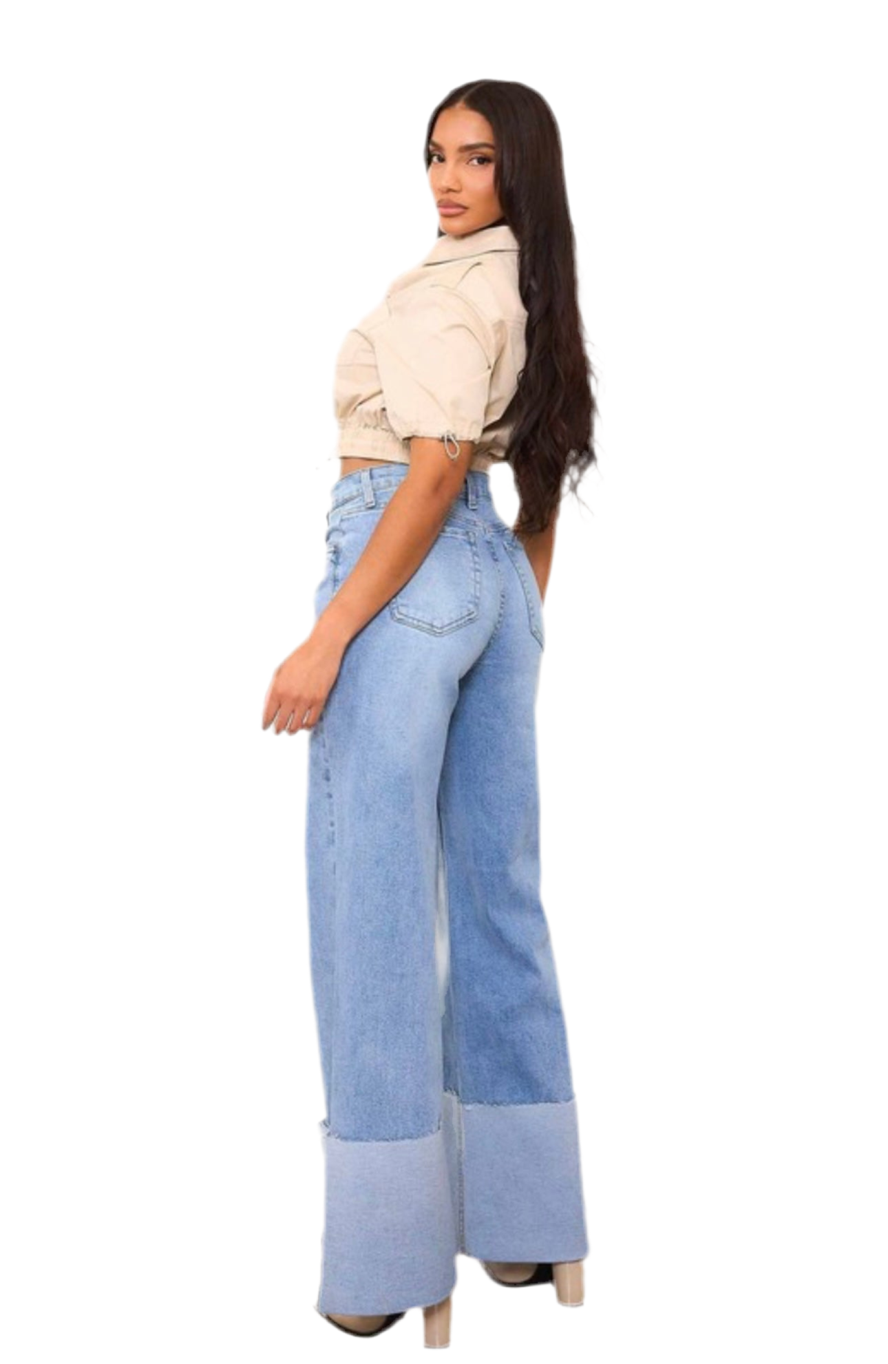 Joanne Wide Leg Folded Pants Denim Straight Leg with Stretch