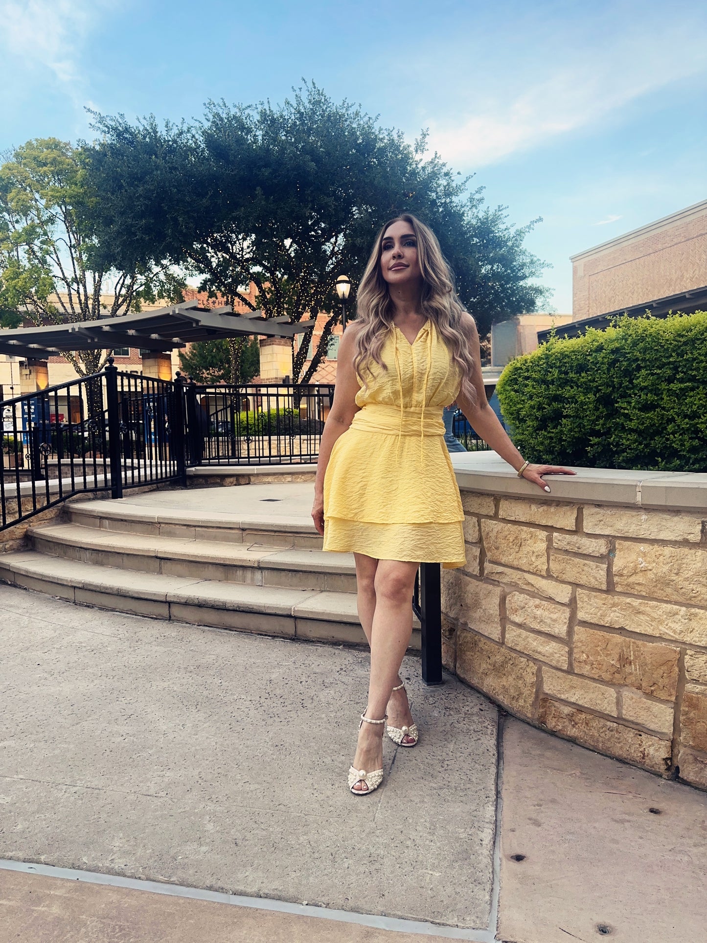 Mandy Yellow Sunny Dress Pearls Details