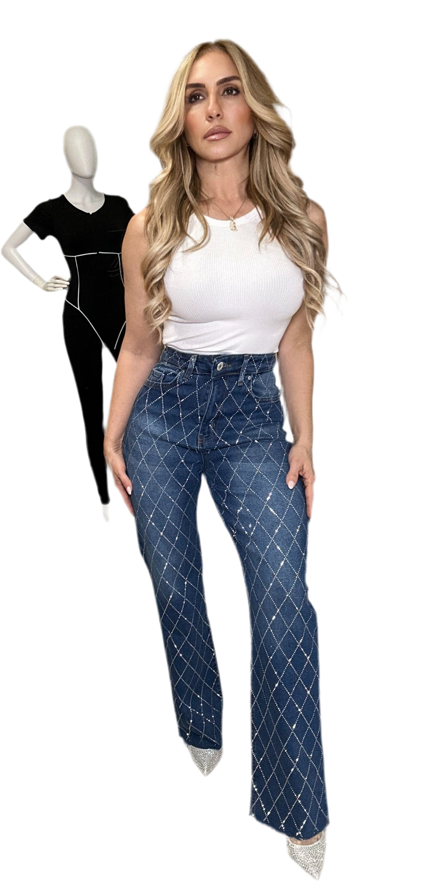 Taylor Straight Leg Jeans Pants Denim with Rhinestones Details Embellished Full Stretch
