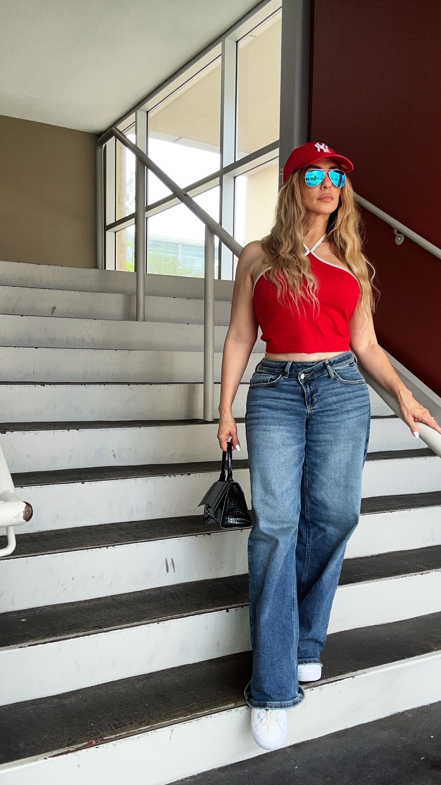Monique Criss-Crossed Waist Medium Wash Denim Jeans (Full Stretch)